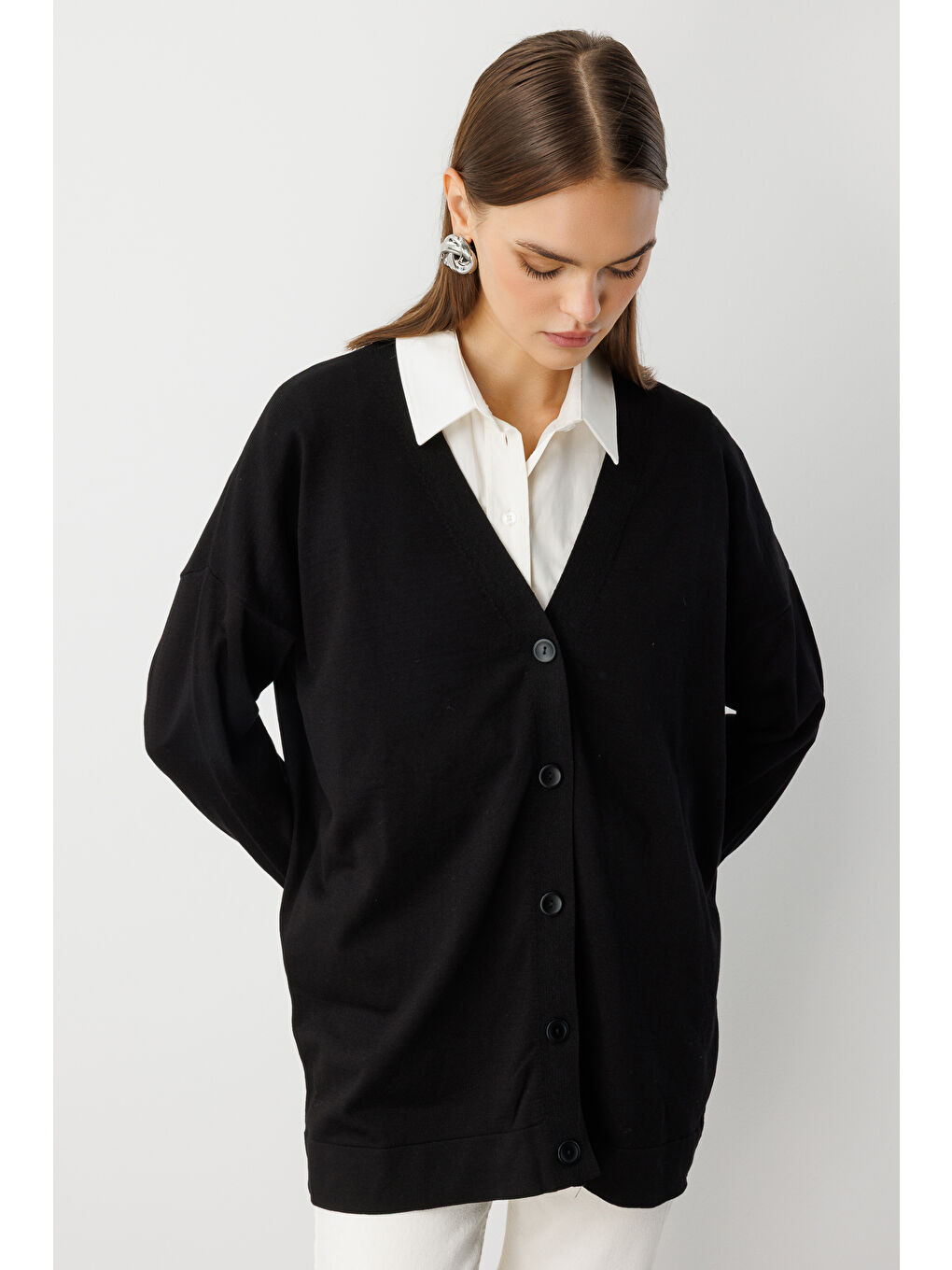 Ekstra Oversize Düşük Kol Basic Siyah İnce Triko Hırka-2