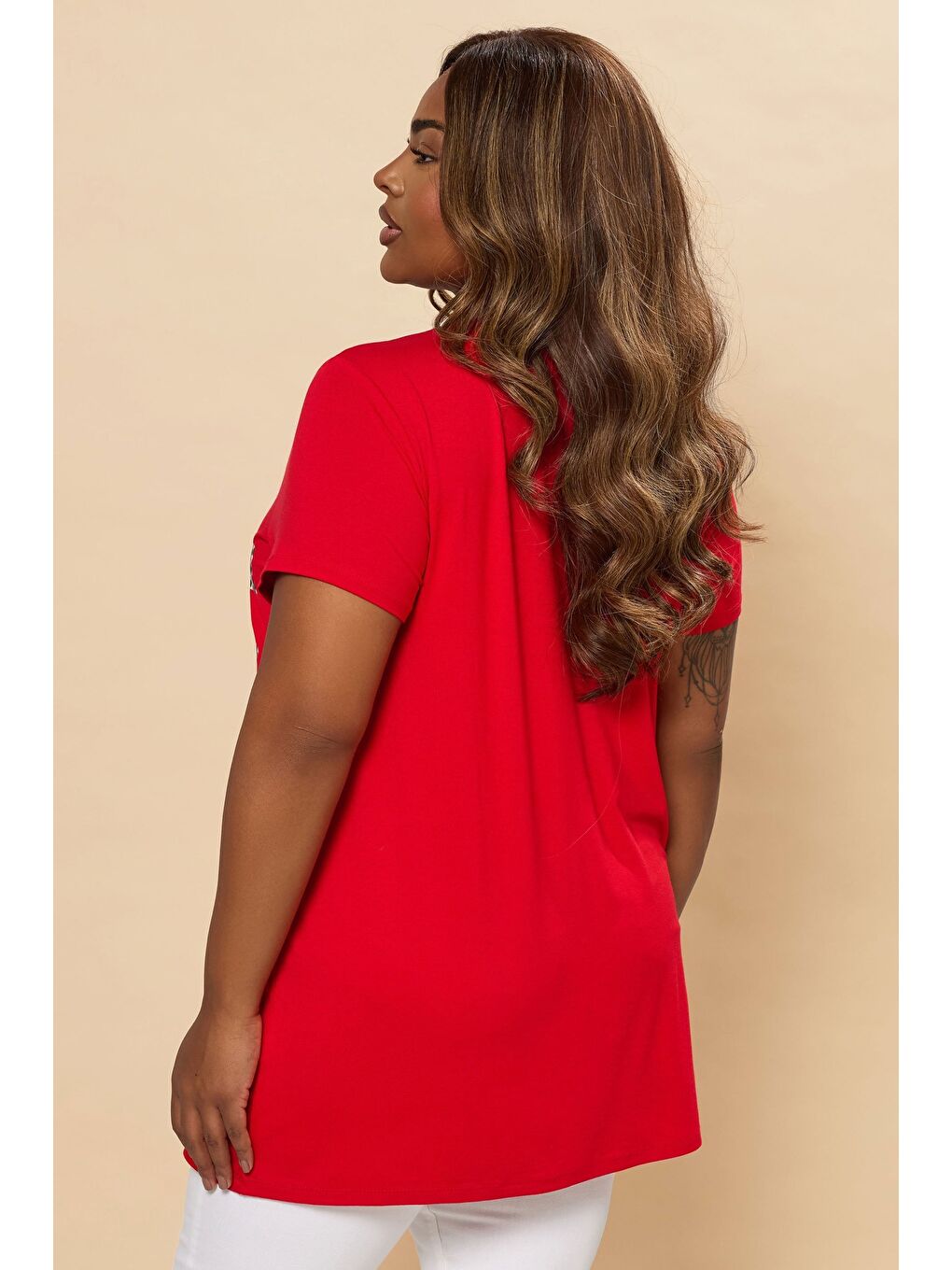 Kırmızı Büyük Beden Bisiklet Yaka Kısa Kollu Baskılı T-shirt 304173-3