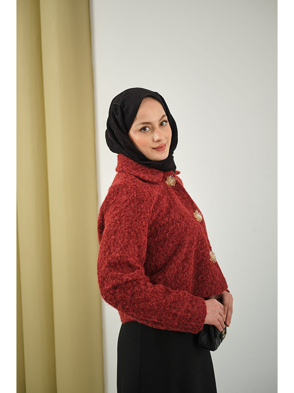 Kadın Çiçek Düğmeli Keçe Kısa Ceket Bordo-4