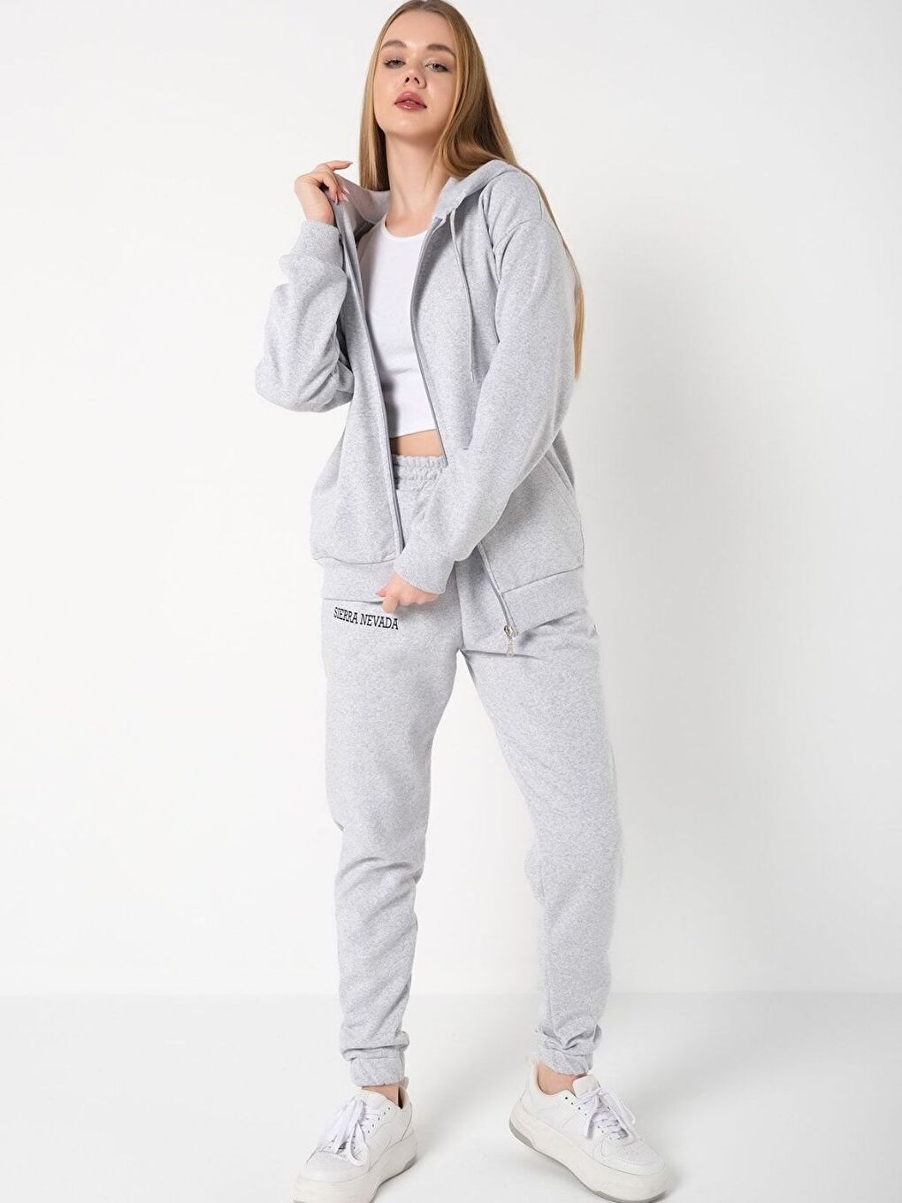 Kadın Açık Gri Sierra Nevada Baskılı Hırka Jogger Oversize Eşofman Takımı-3