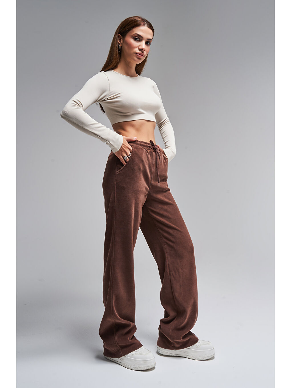 Kahverengi Kadın Kahve Renk 1w416 İnce Fitilli Örme Esnek Kadife Kumaş Pantolon-1