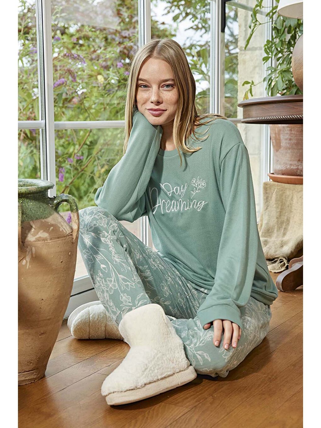 Yeşil Kadın Termal Uzun Kol Pijama Takımı 30009 Mint-2