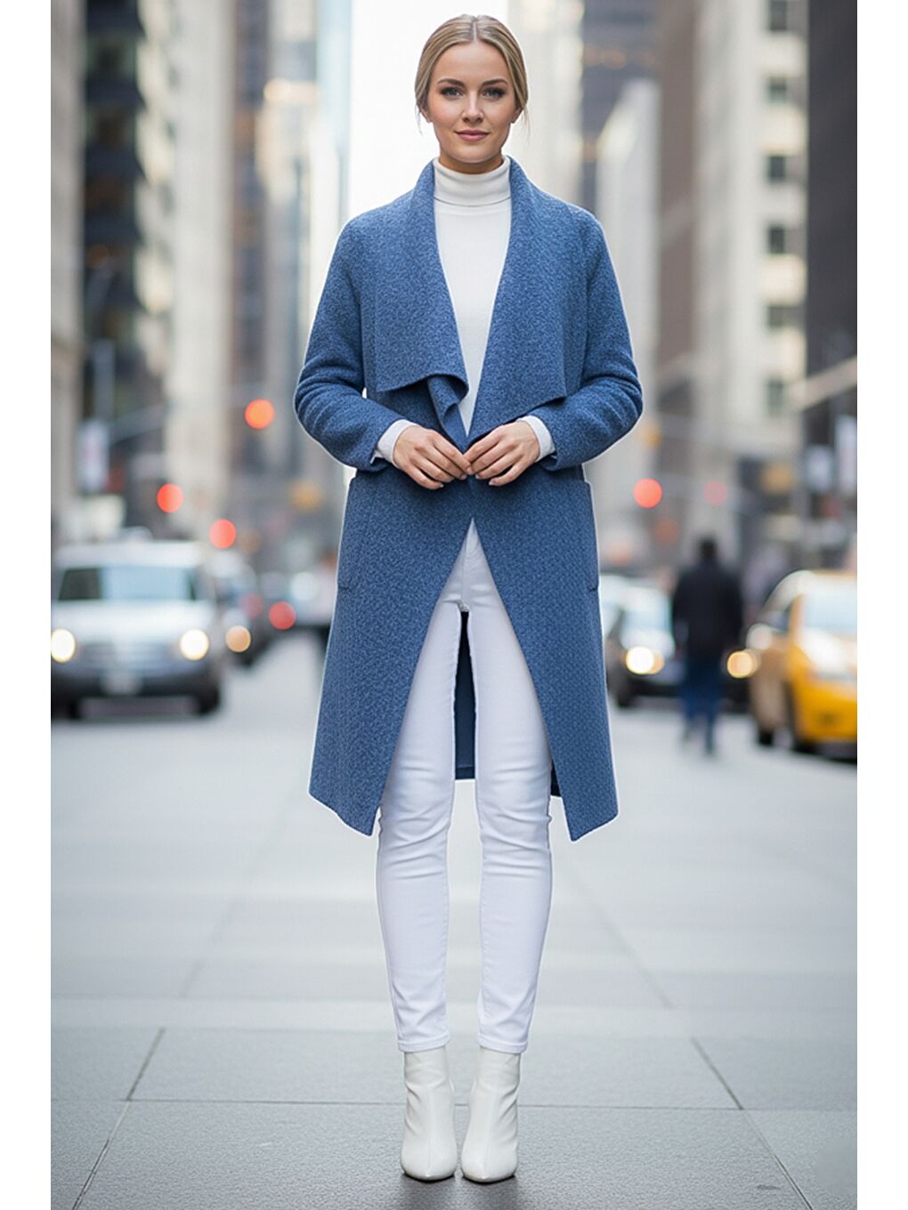 İtalyan Mavi Şal Yaka Uzun Kol Cepli İnce Kırçıllı Casual Kaşe Oversize Dokuma Ceket 105 65-1