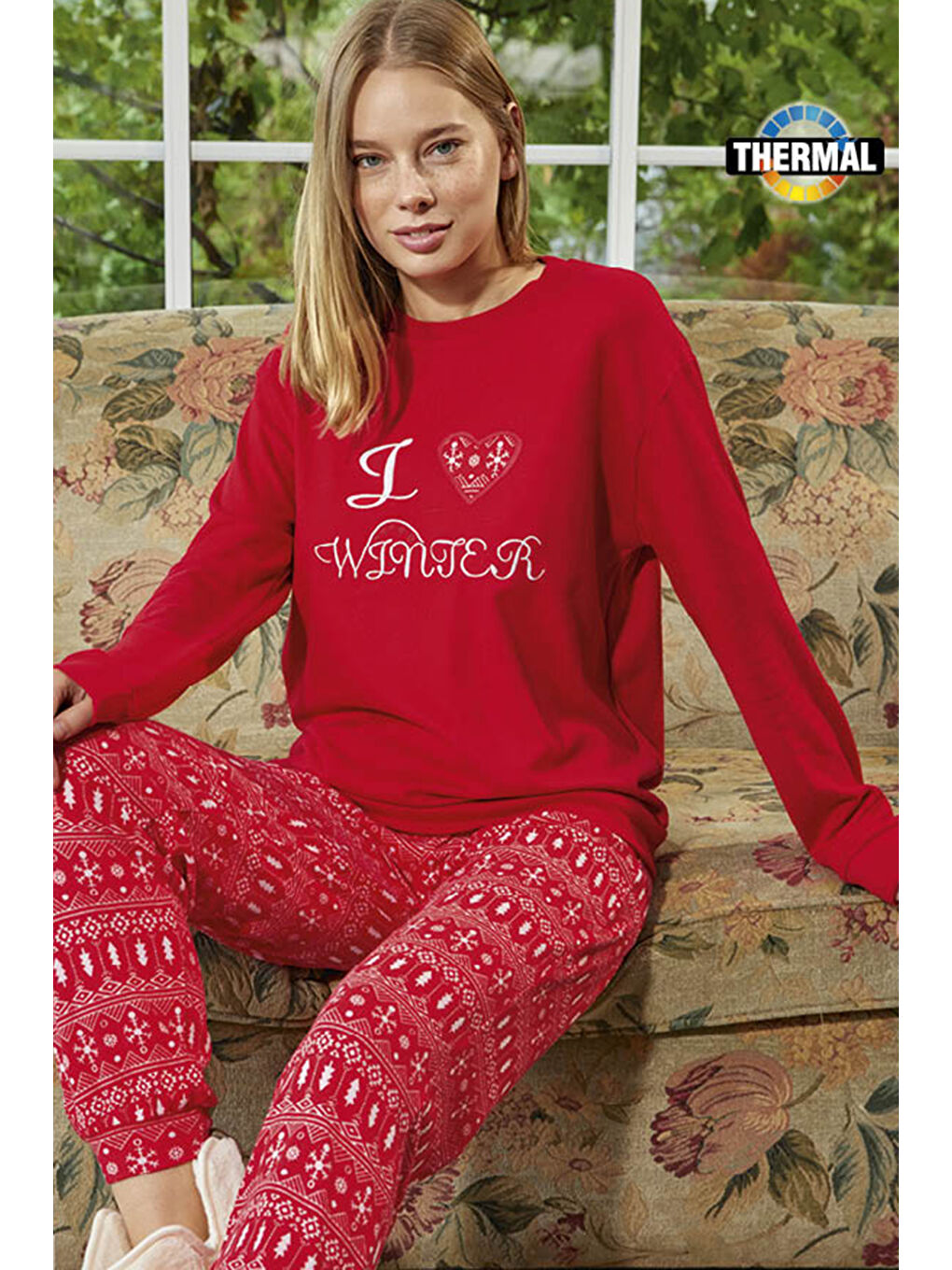 Kadın Termal Uzun Kol Pijama Takımı 30000 Kırmızı-3