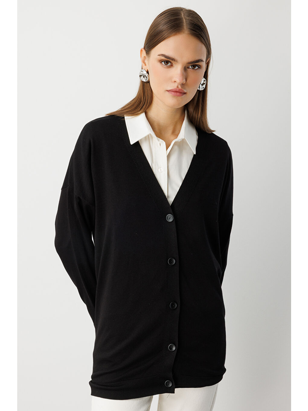 Ekstra Oversize Düşük Kol Basic Siyah İnce Triko Hırka-3