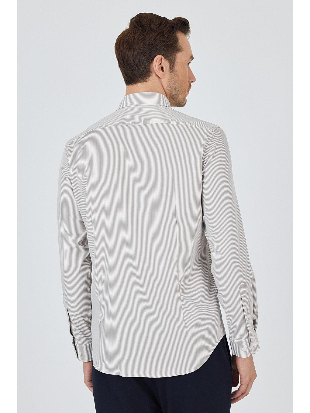 Beyaz Uzun Kol Çizgili Desen Bez Ayağı İtalyan Yaka Cepsiz Esnek Classic Slim Fit Gömlek 1004250200-3