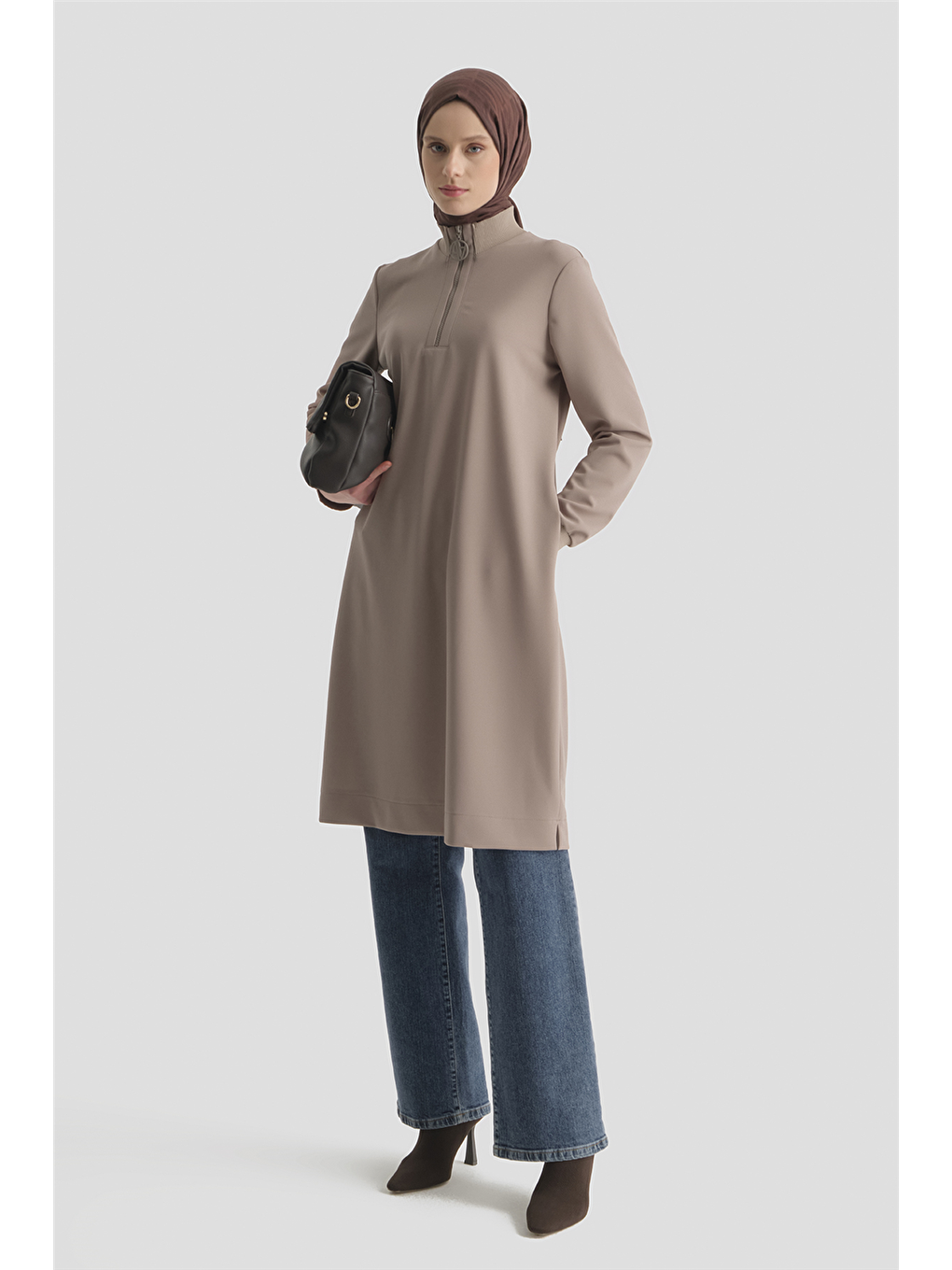 Bej Fermuar Detaylı Basic Tunik Vizon-1