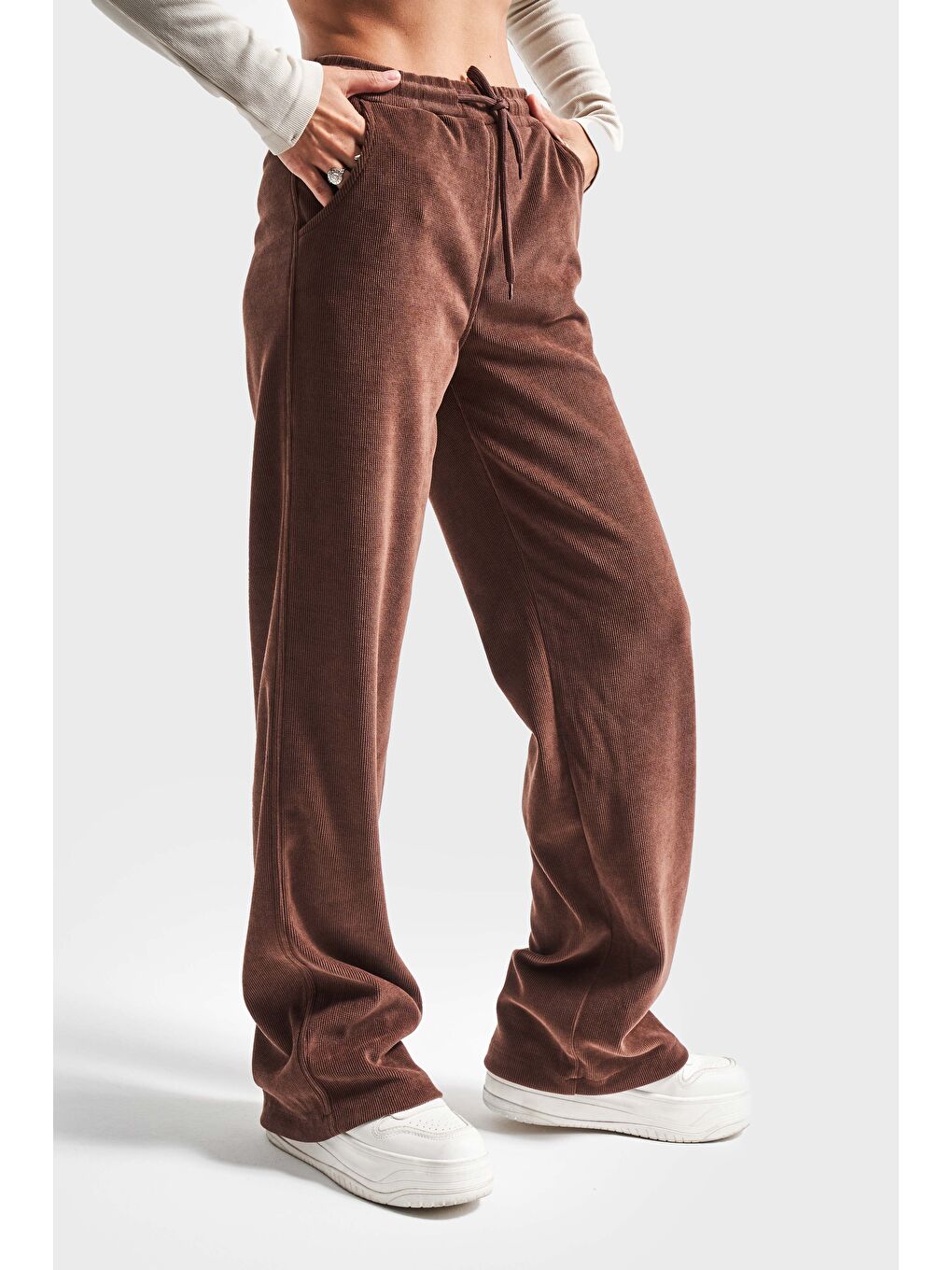 Kahverengi Kadın Kahve Renk 1w416 İnce Fitilli Örme Esnek Kadife Kumaş Pantolon-4