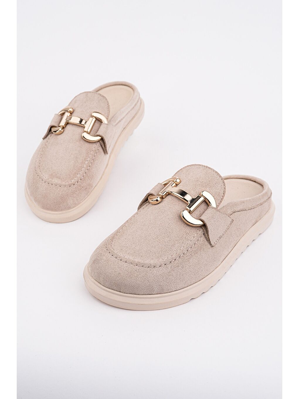 Bej CARLEEN Süet Deri Gold Tokalı Günlük Rahat Önü Kapalı Kadın Loafer Terlik-1