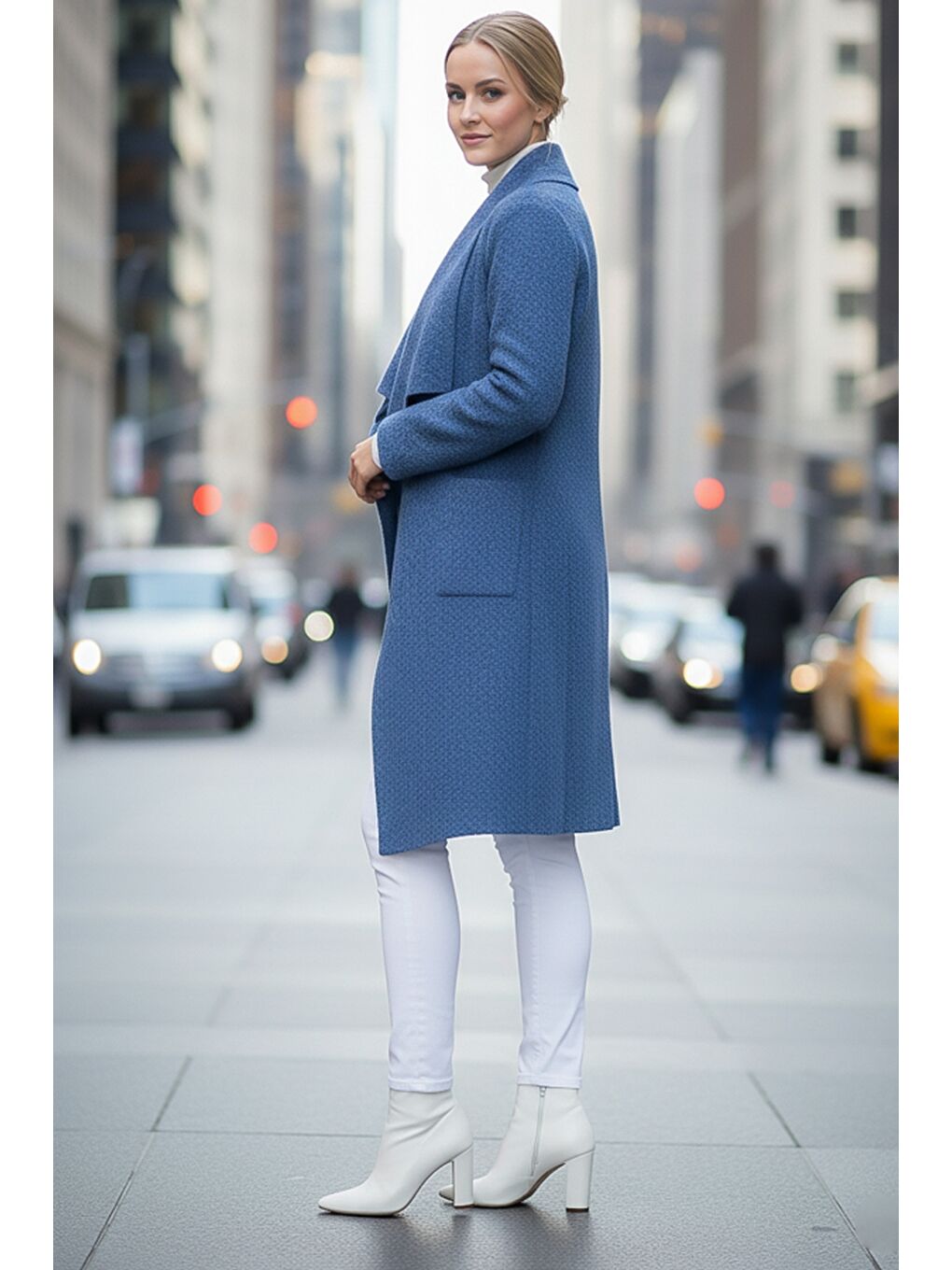 İtalyan Mavi Şal Yaka Uzun Kol Cepli İnce Kırçıllı Casual Kaşe Oversize Dokuma Ceket 105 65-2