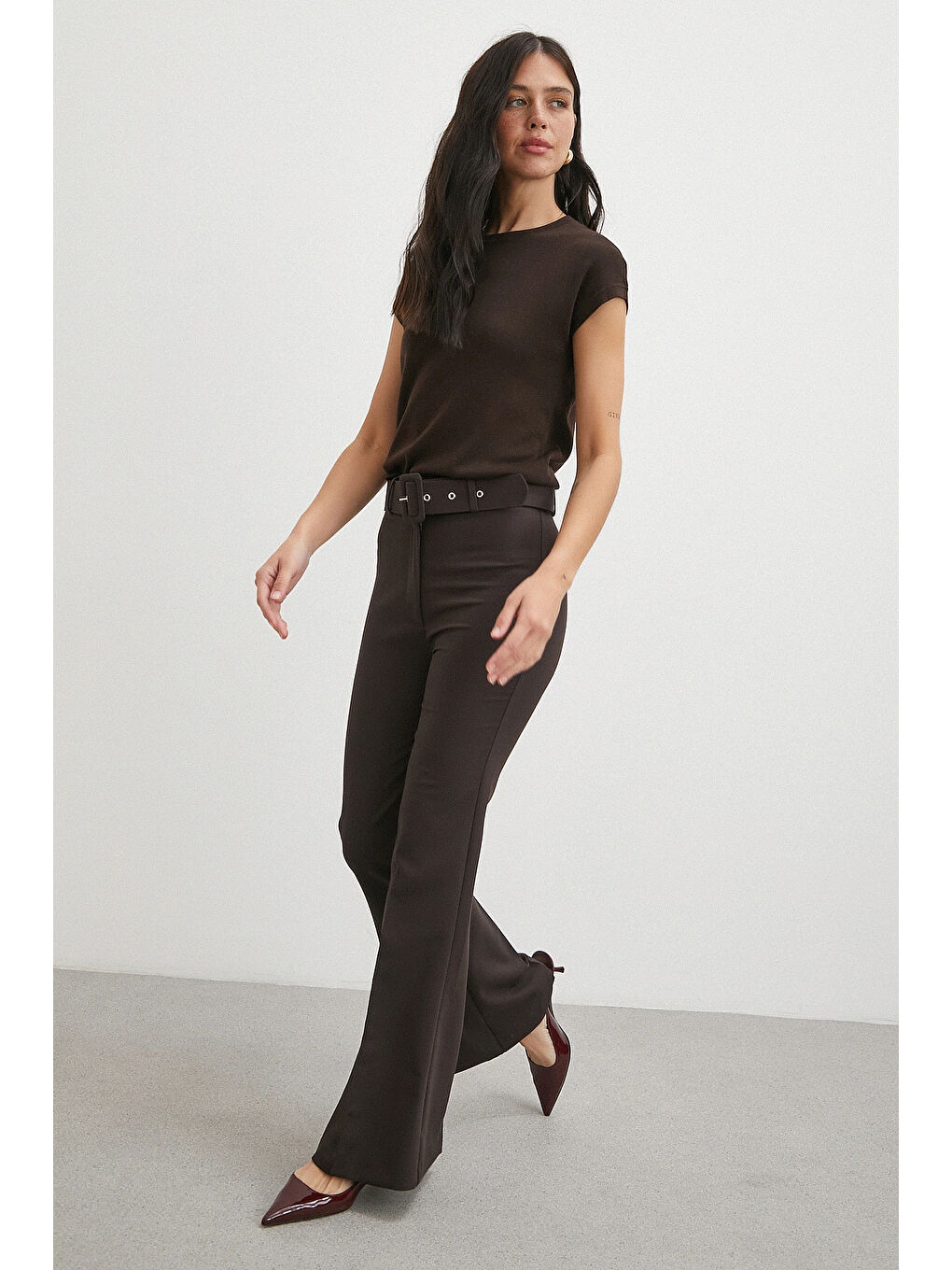 Karışık Kemerli İspanyol Paça Pantolon Kahve