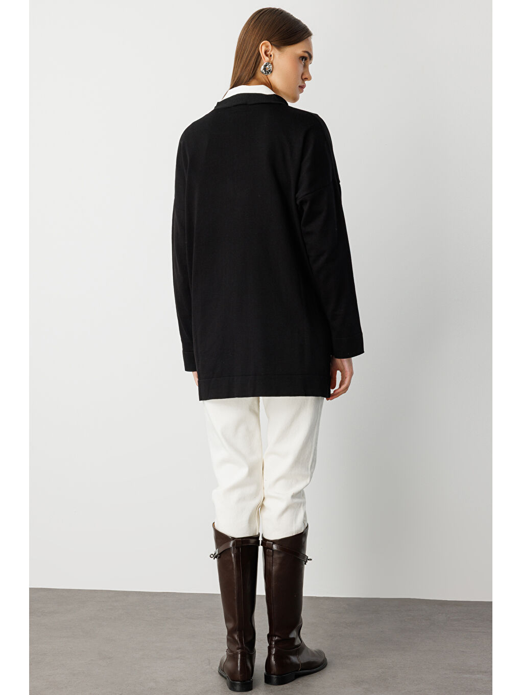 Ekstra Oversize Düşük Kol Basic Siyah İnce Triko Hırka-4