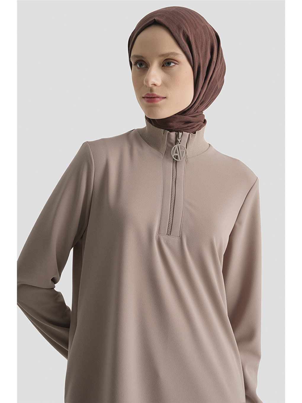 Bej Fermuar Detaylı Basic Tunik Vizon-3