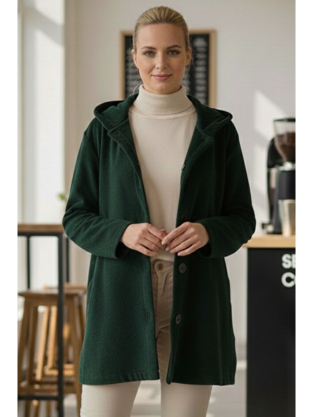 Yeşil Kapüşonlu Uzun Kol Düğmeli Cepli Casual Kadife Oversize Dokuma Ceket 80 70