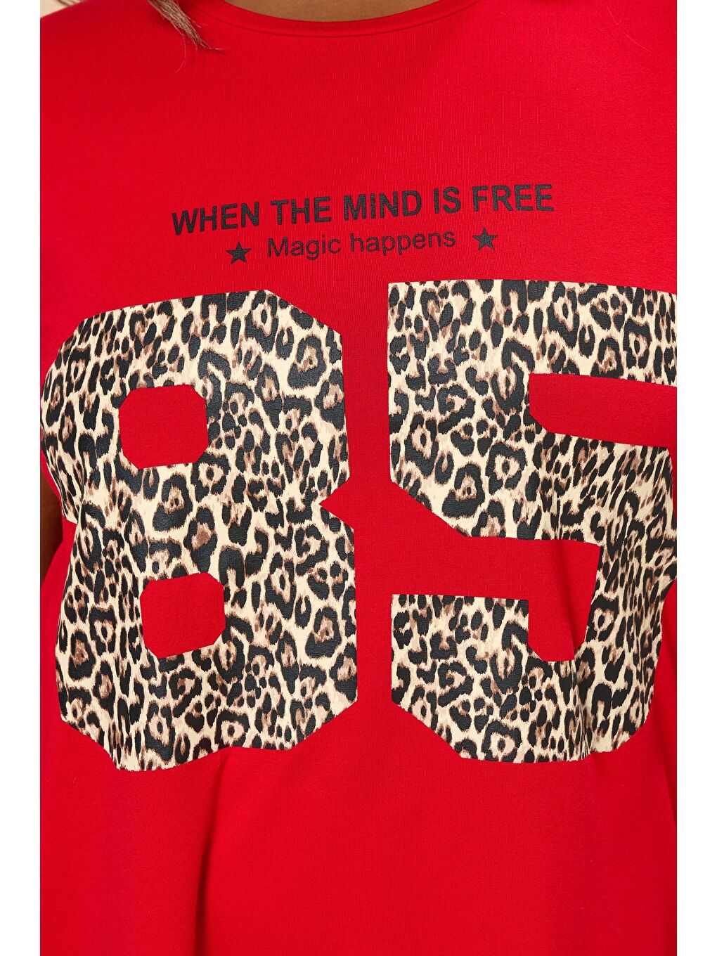 Kırmızı Büyük Beden Bisiklet Yaka Kısa Kollu Baskılı T-shirt 304173-5