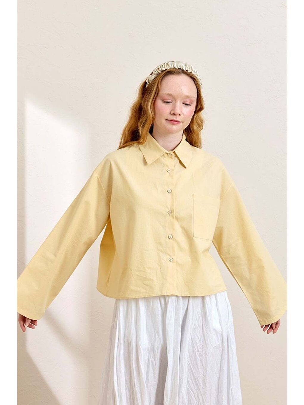 Soft Sarı Tek Cepli Crop Gömlek-1