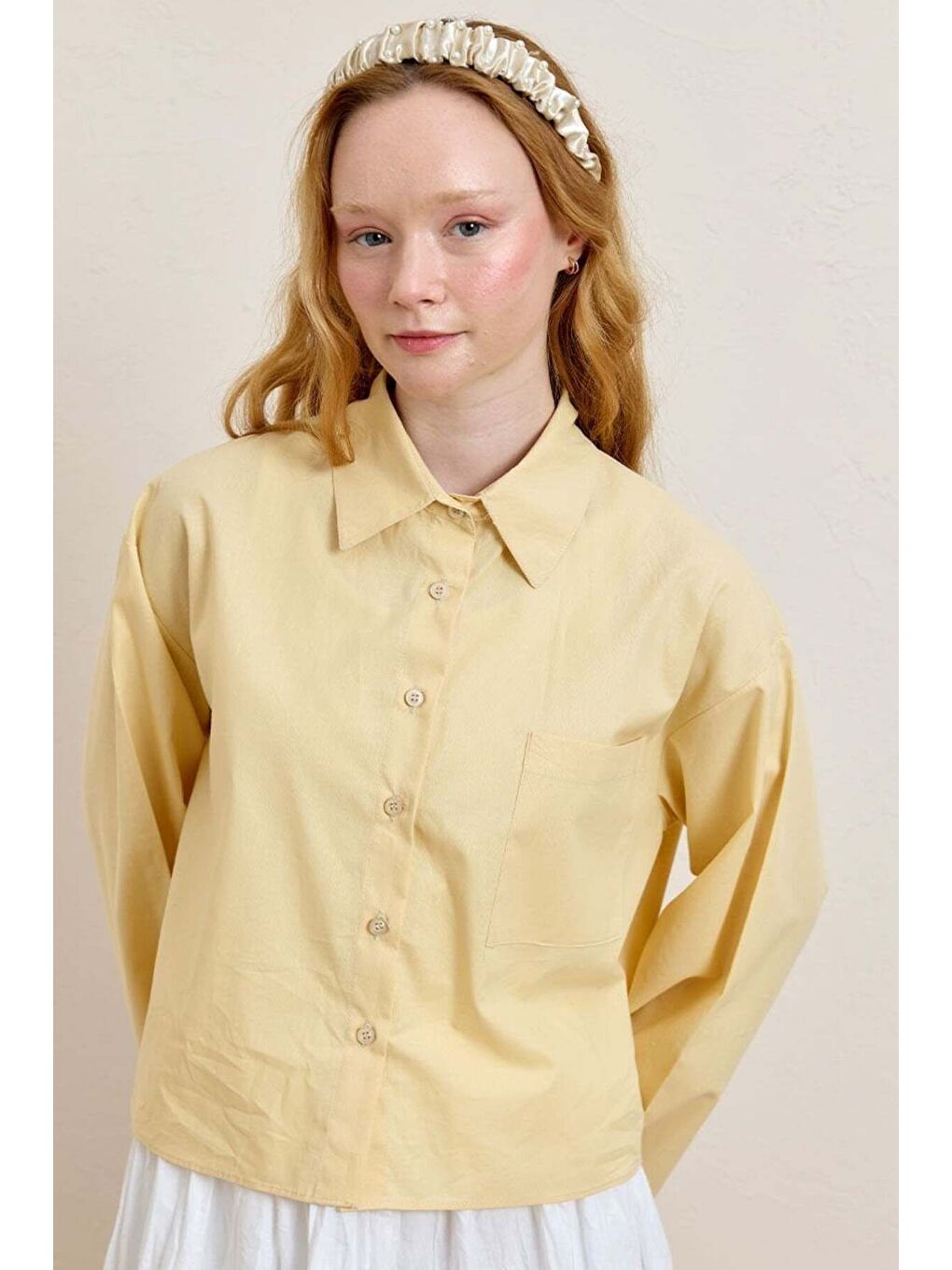 Soft Sarı Tek Cepli Crop Gömlek-2