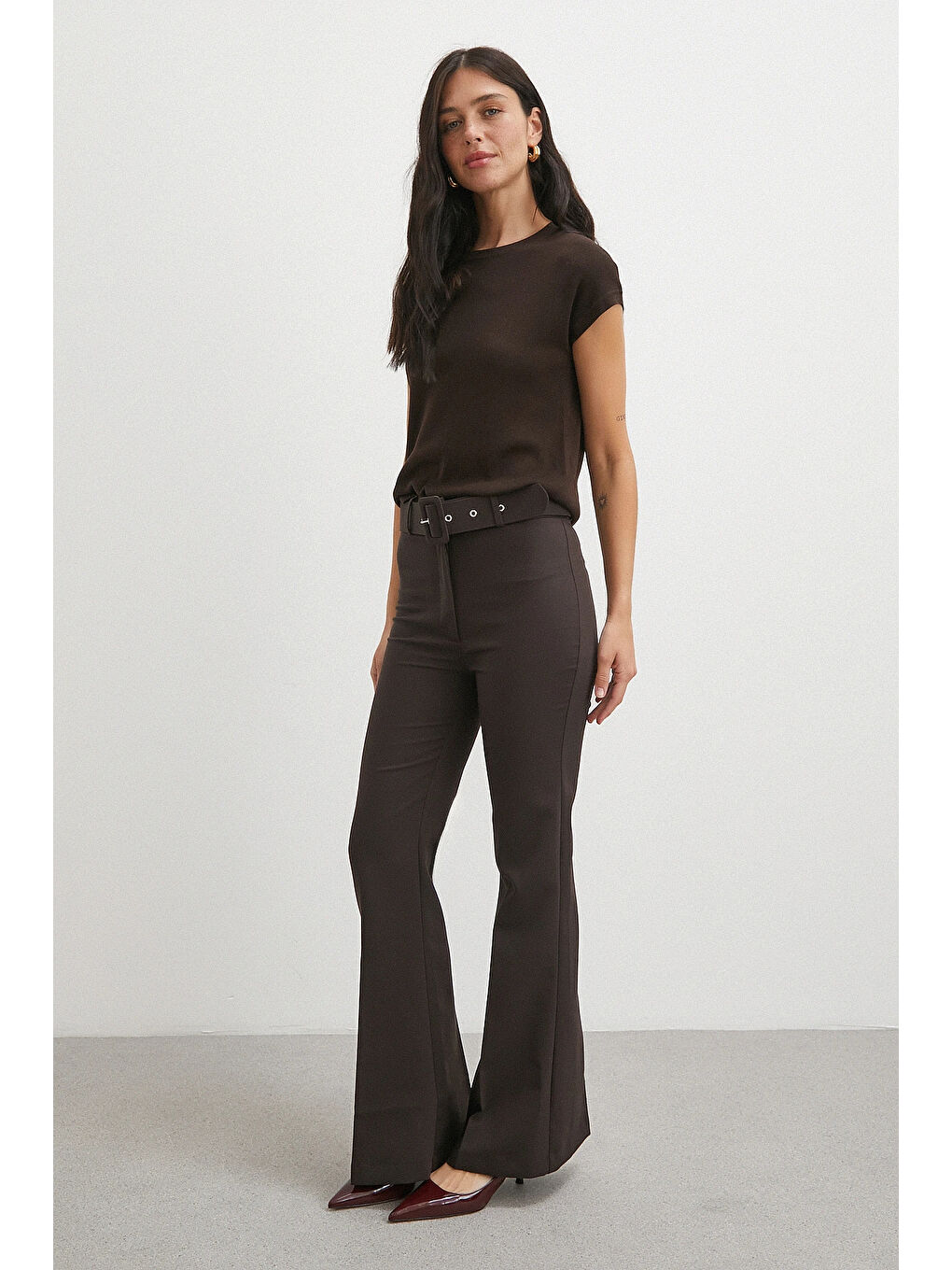 Karışık Kemerli İspanyol Paça Pantolon Kahve-2