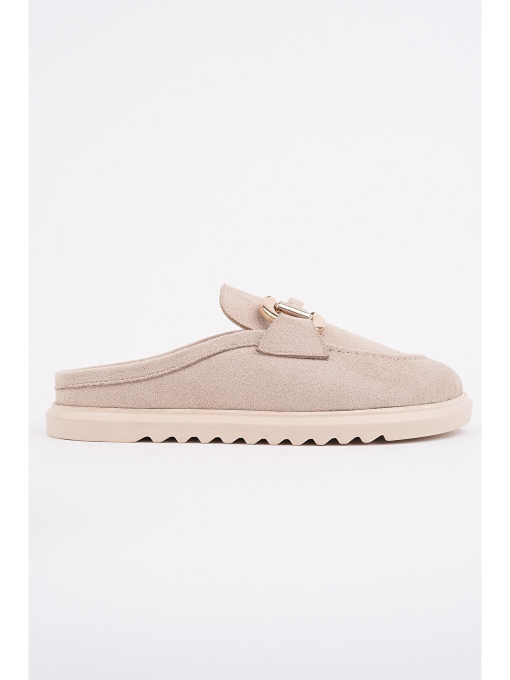 Bej CARLEEN Süet Deri Gold Tokalı Günlük Rahat Önü Kapalı Kadın Loafer Terlik-2