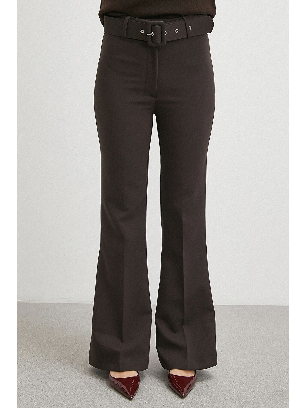 Karışık Kemerli İspanyol Paça Pantolon Kahve-4