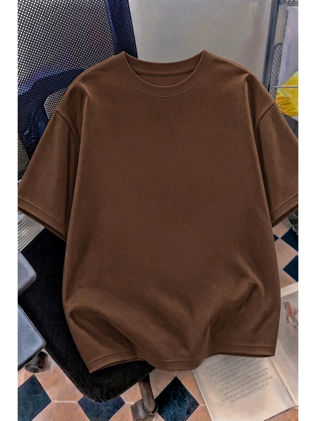 Kahverengi Kedi Kalp Desenli Oversize/rahat Kesim Kısa Kollu T-shirt-1