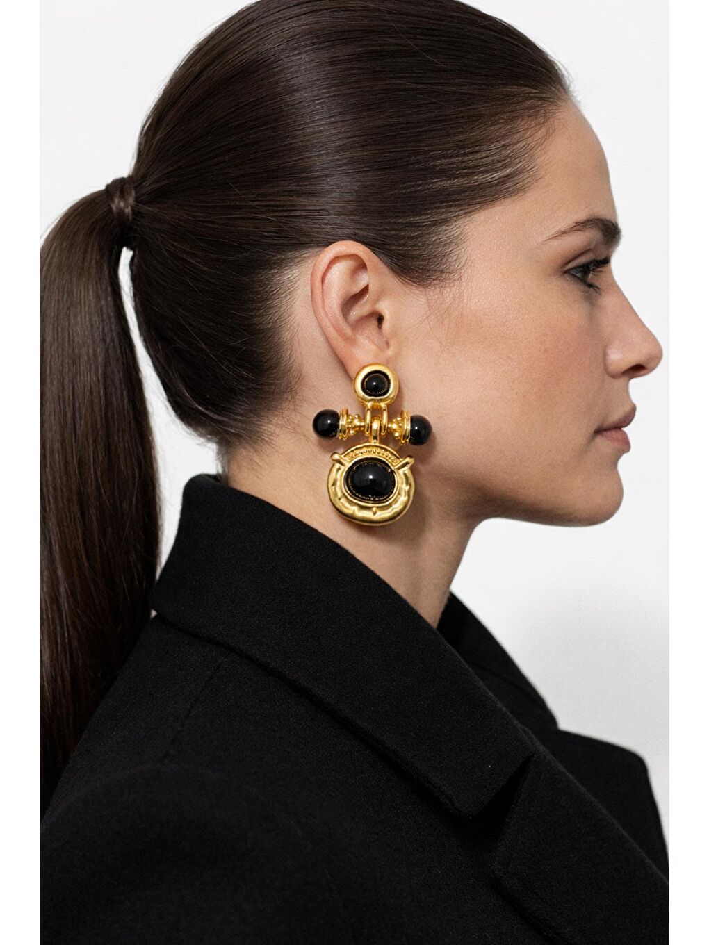 Sarı Antik Siyah Detaylı Vintage Küpe-4