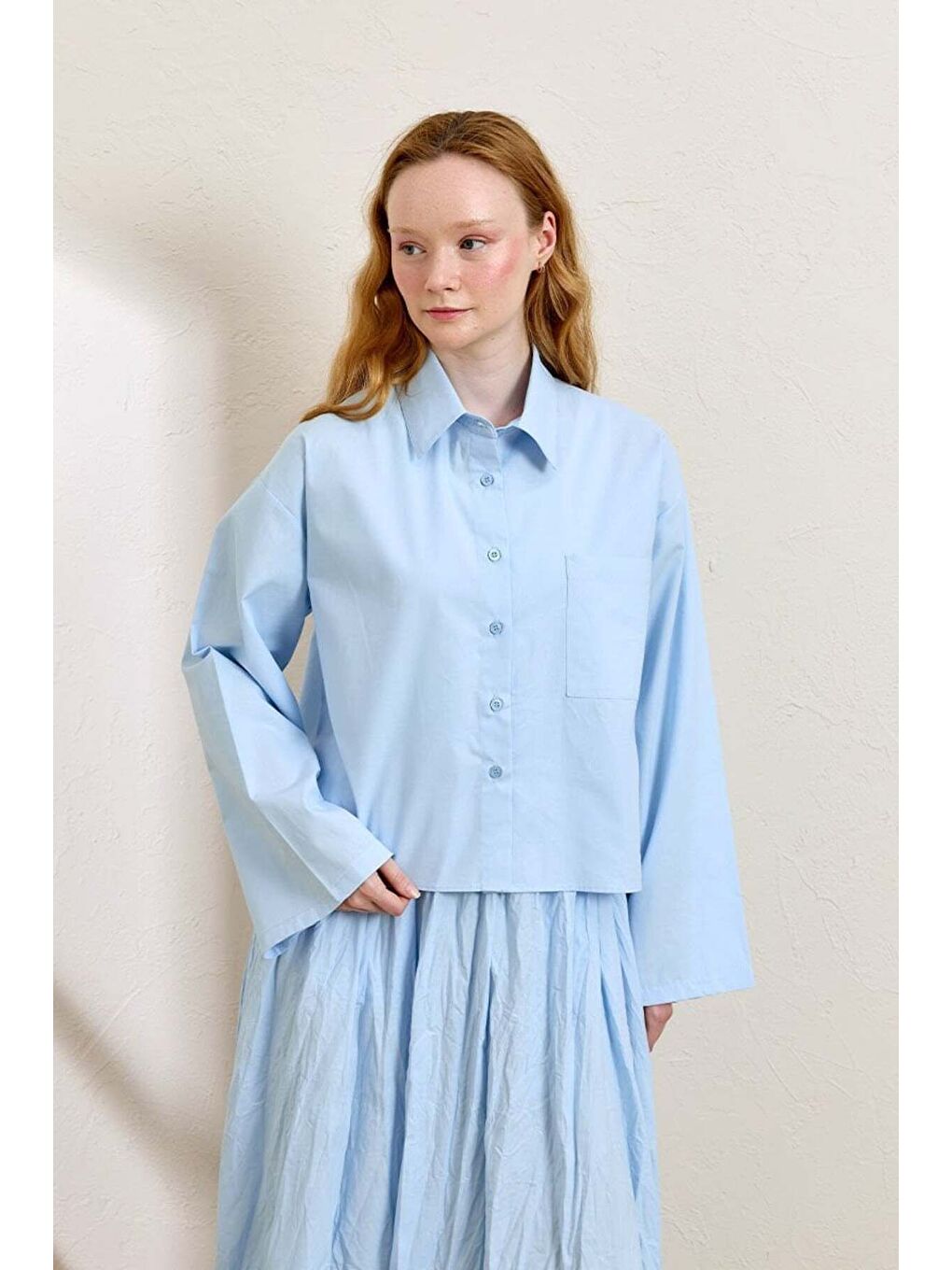 Soft Mavi Tek Cepli Crop Gömlek-1