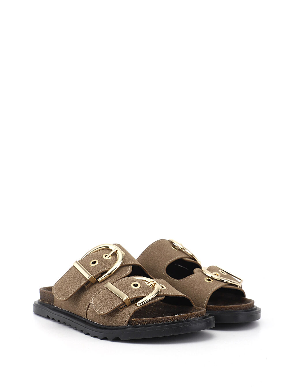 Kahverengi Kadın AÇIK VİZON Çift Tokalı Terlik-1