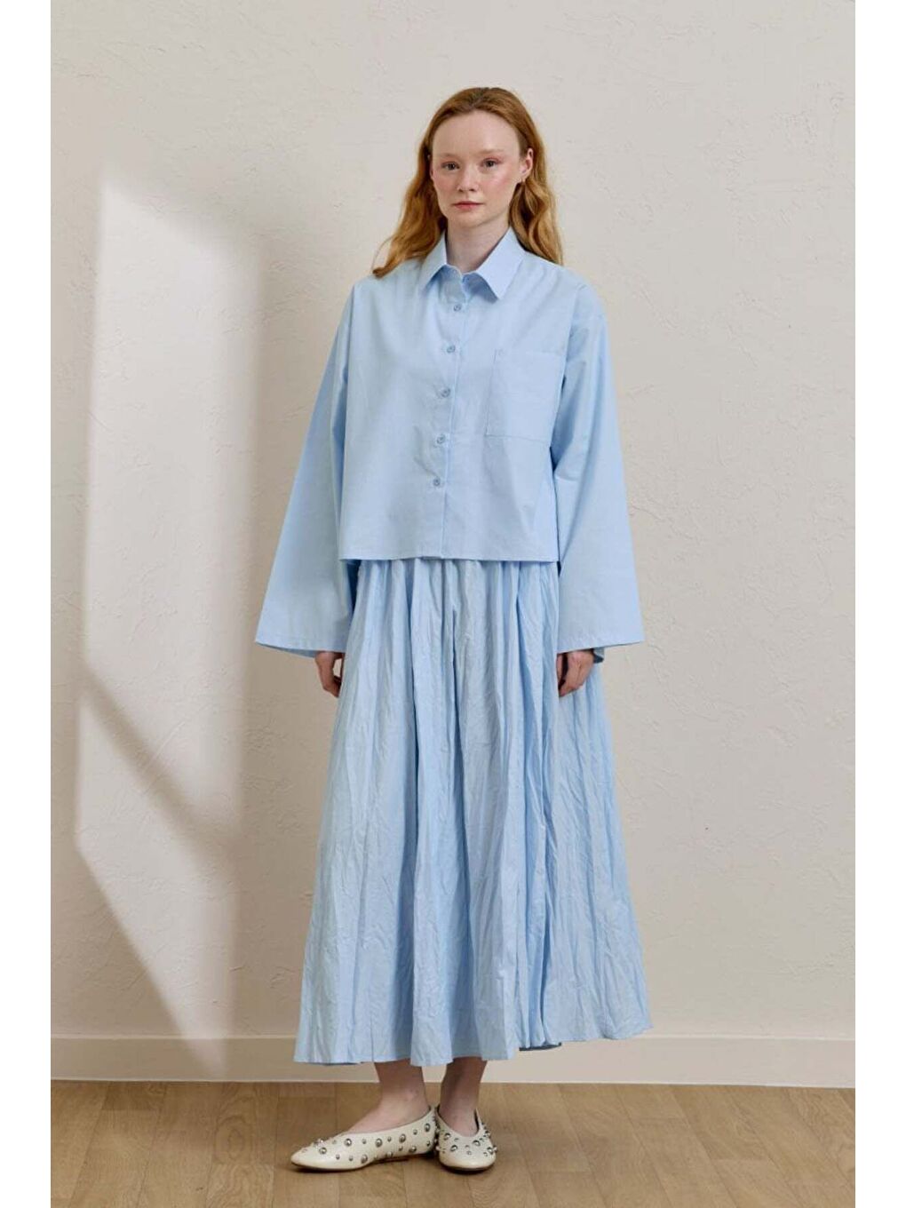 Soft Mavi Tek Cepli Crop Gömlek-2