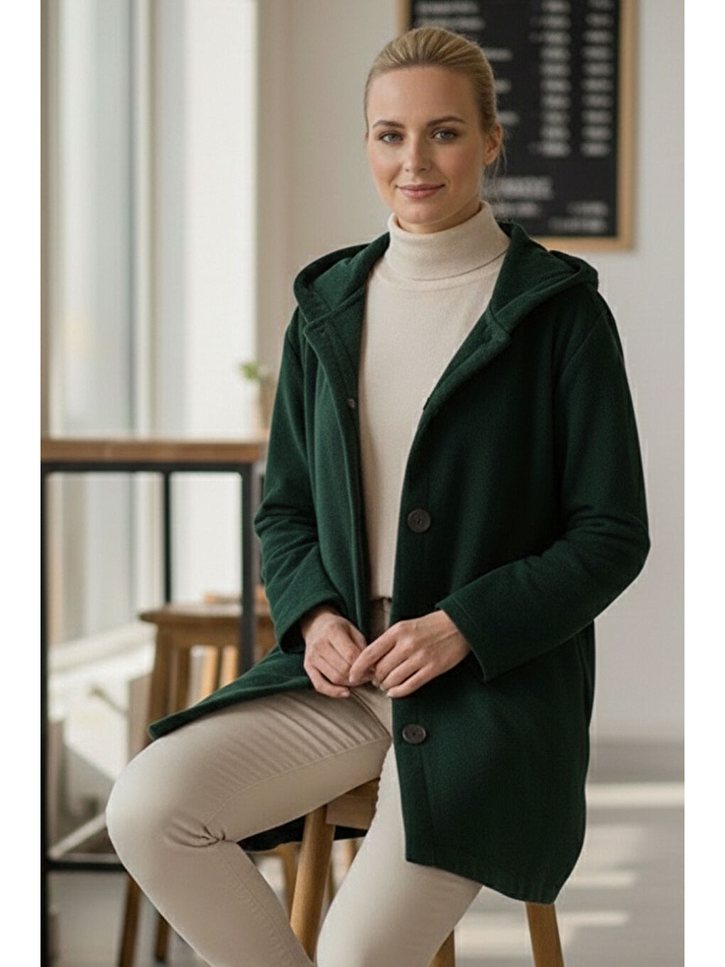 Yeşil Kapüşonlu Uzun Kol Düğmeli Cepli Casual Kadife Oversize Dokuma Ceket 80 70-1