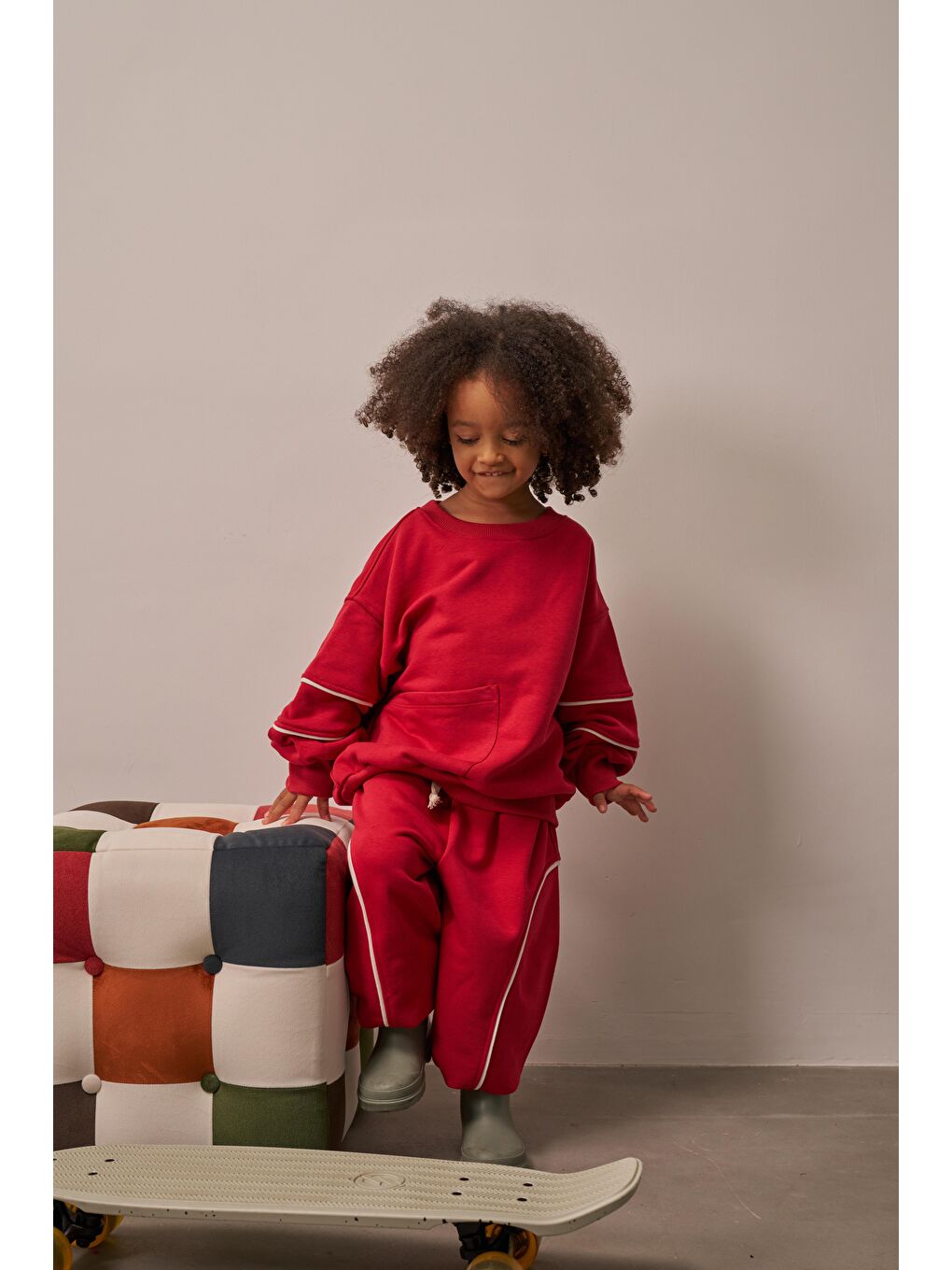Bordo Kırmızı Asimetrik Cep Detaylı Oversize Çocuk Alt Üst Takım-1