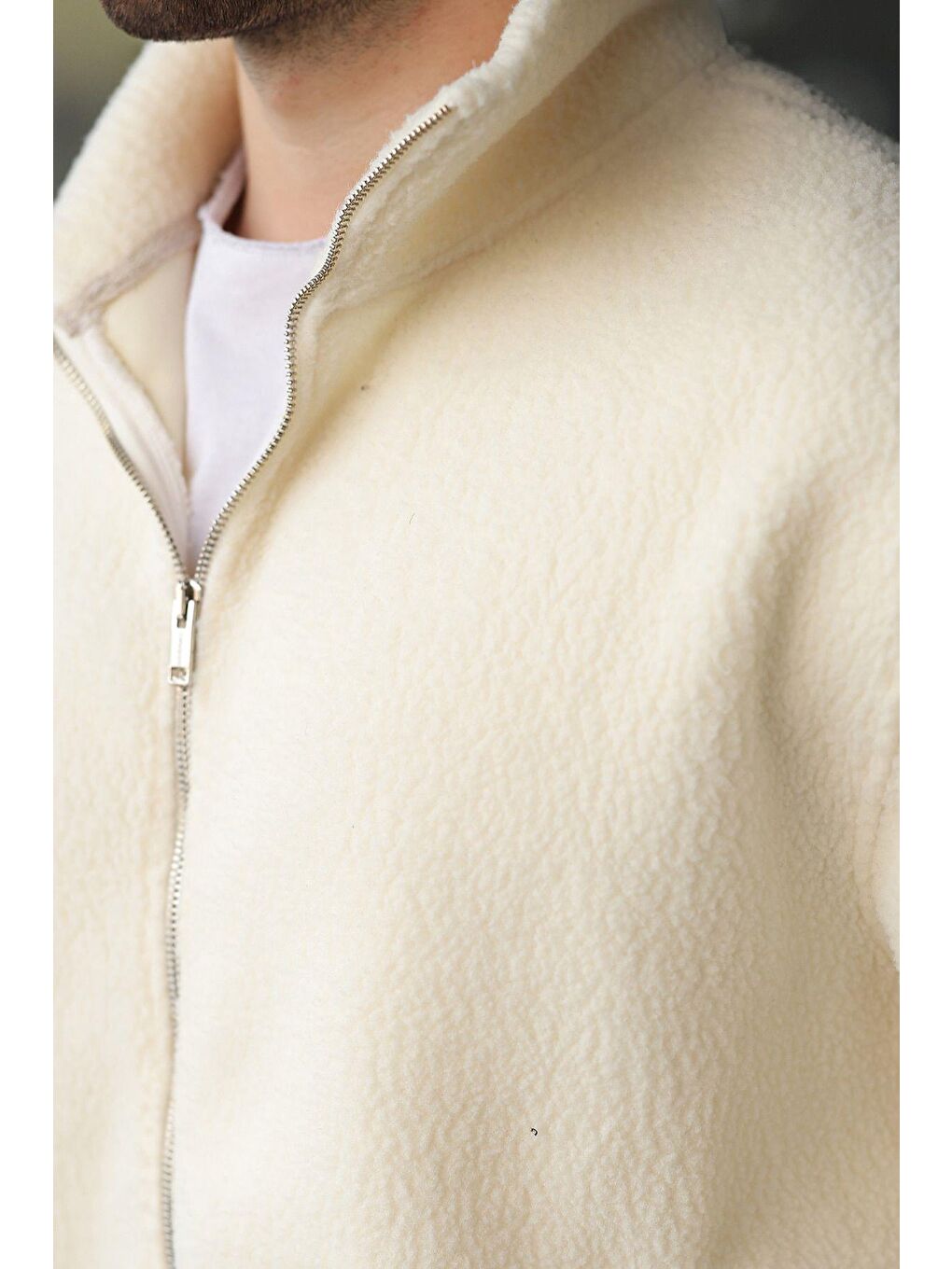 Beyaz Fermuarlı Dik Yaka Erkek Polar Hırka E7166-1