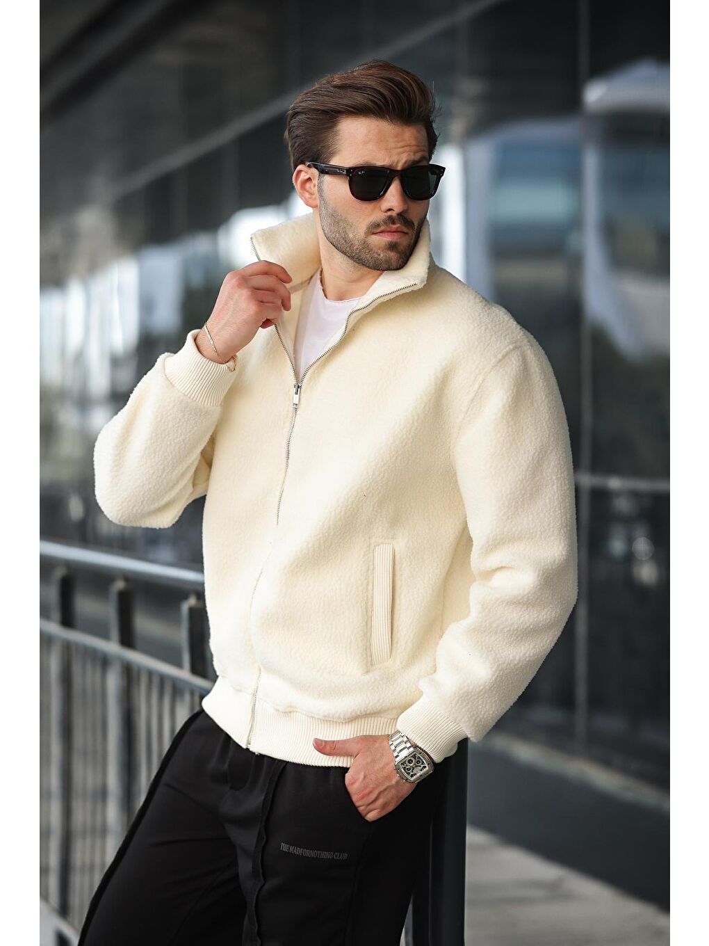 Beyaz Fermuarlı Dik Yaka Erkek Polar Hırka E7166-2