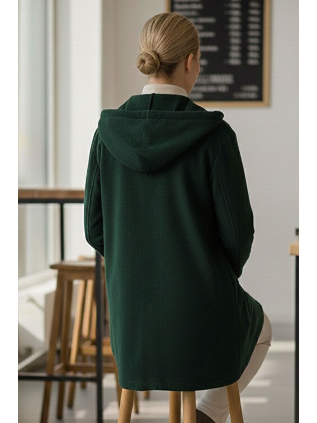 Yeşil Kapüşonlu Uzun Kol Düğmeli Cepli Casual Kadife Oversize Dokuma Ceket 80 70-2