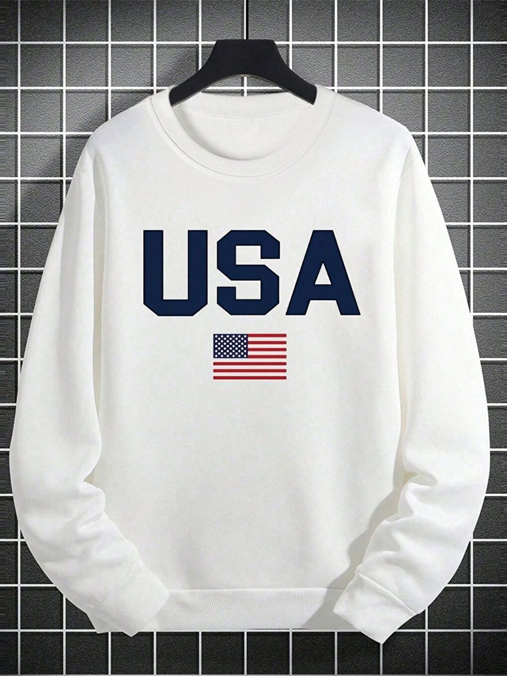Erkek Beyaz USA Baskılı Oversize Bisiklet Yaka Uzun Kollu Sweatshirt-1