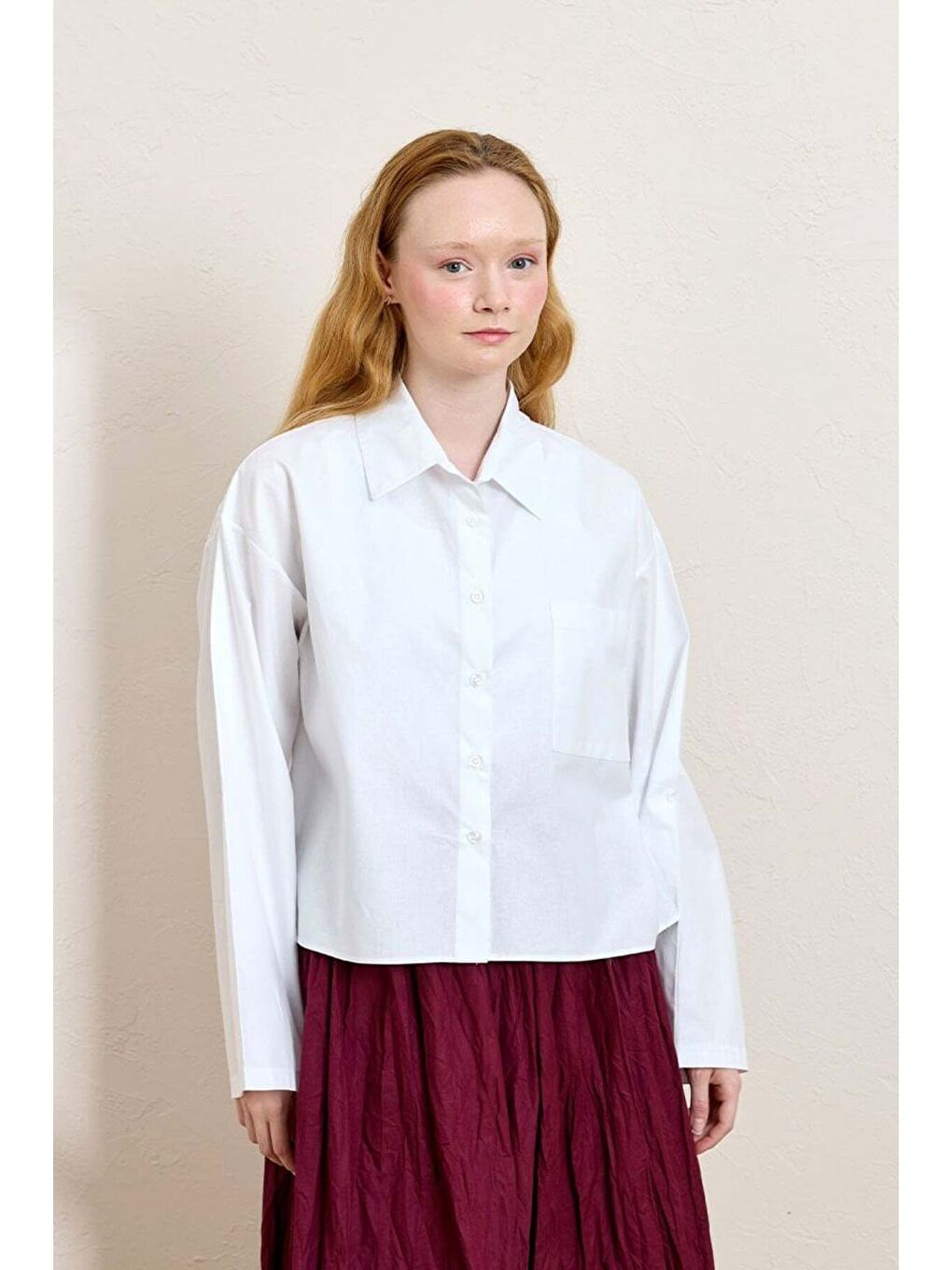 Beyaz Tek Cepli Crop Gömlek-1