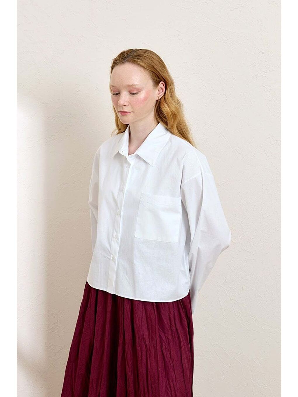 Beyaz Tek Cepli Crop Gömlek-2