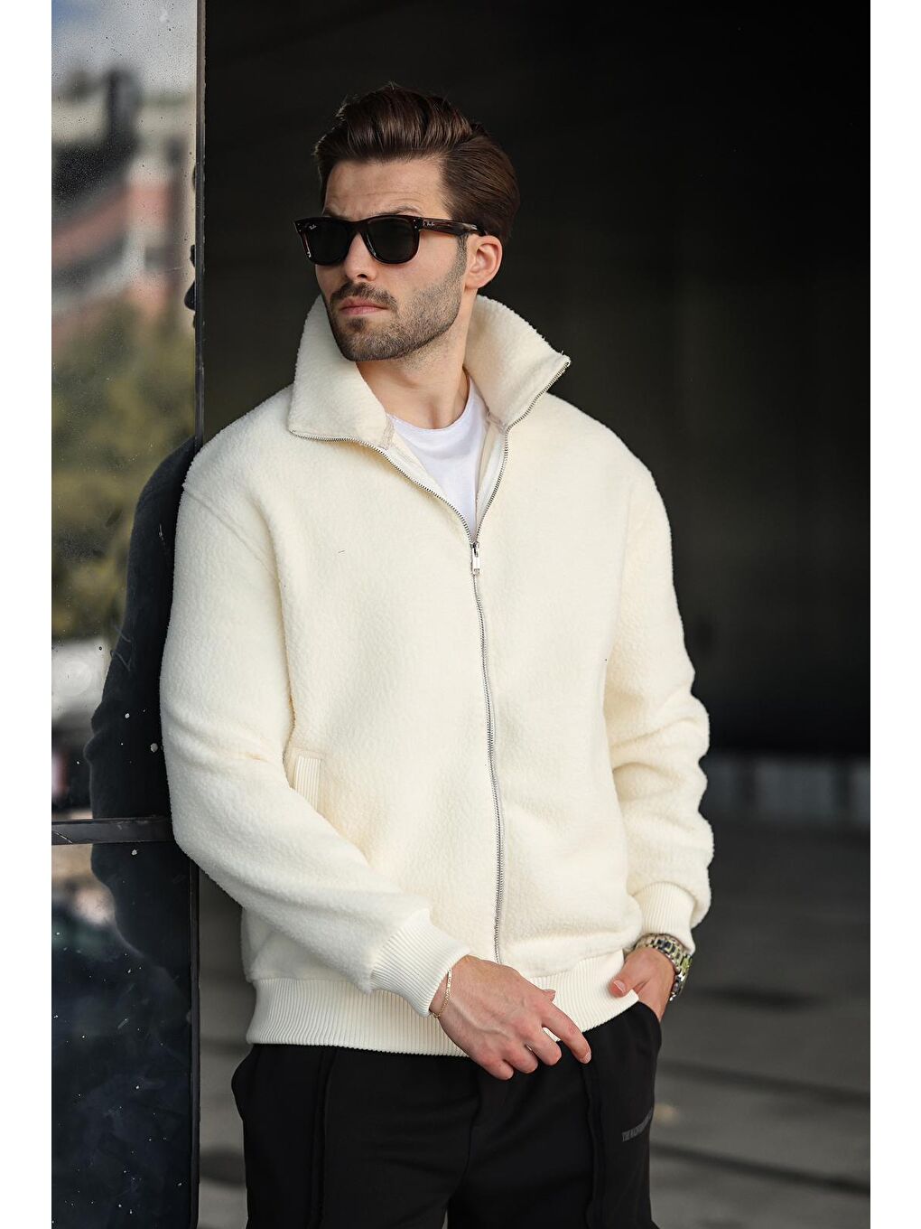 Beyaz Fermuarlı Dik Yaka Erkek Polar Hırka E7166-3