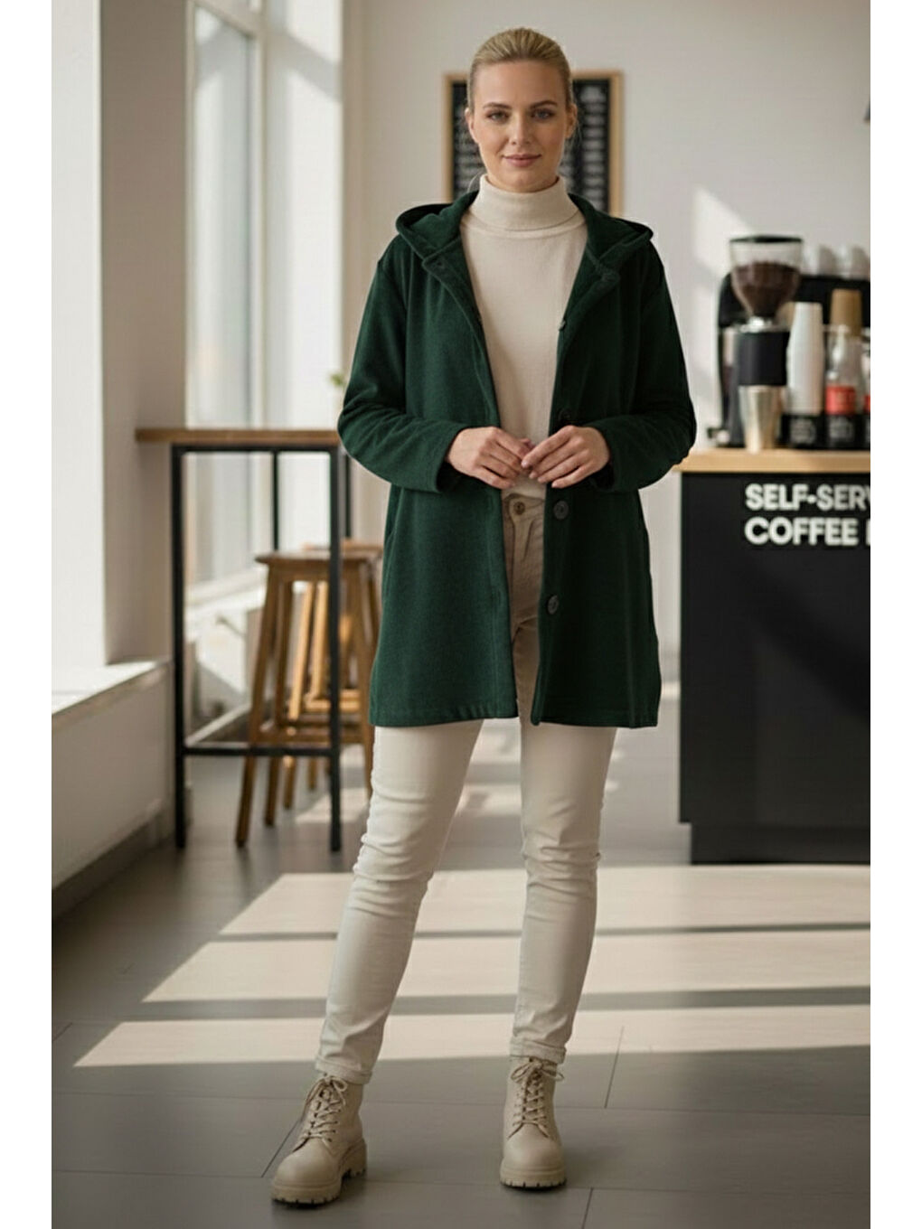 Yeşil Kapüşonlu Uzun Kol Düğmeli Cepli Casual Kadife Oversize Dokuma Ceket 80 70-3