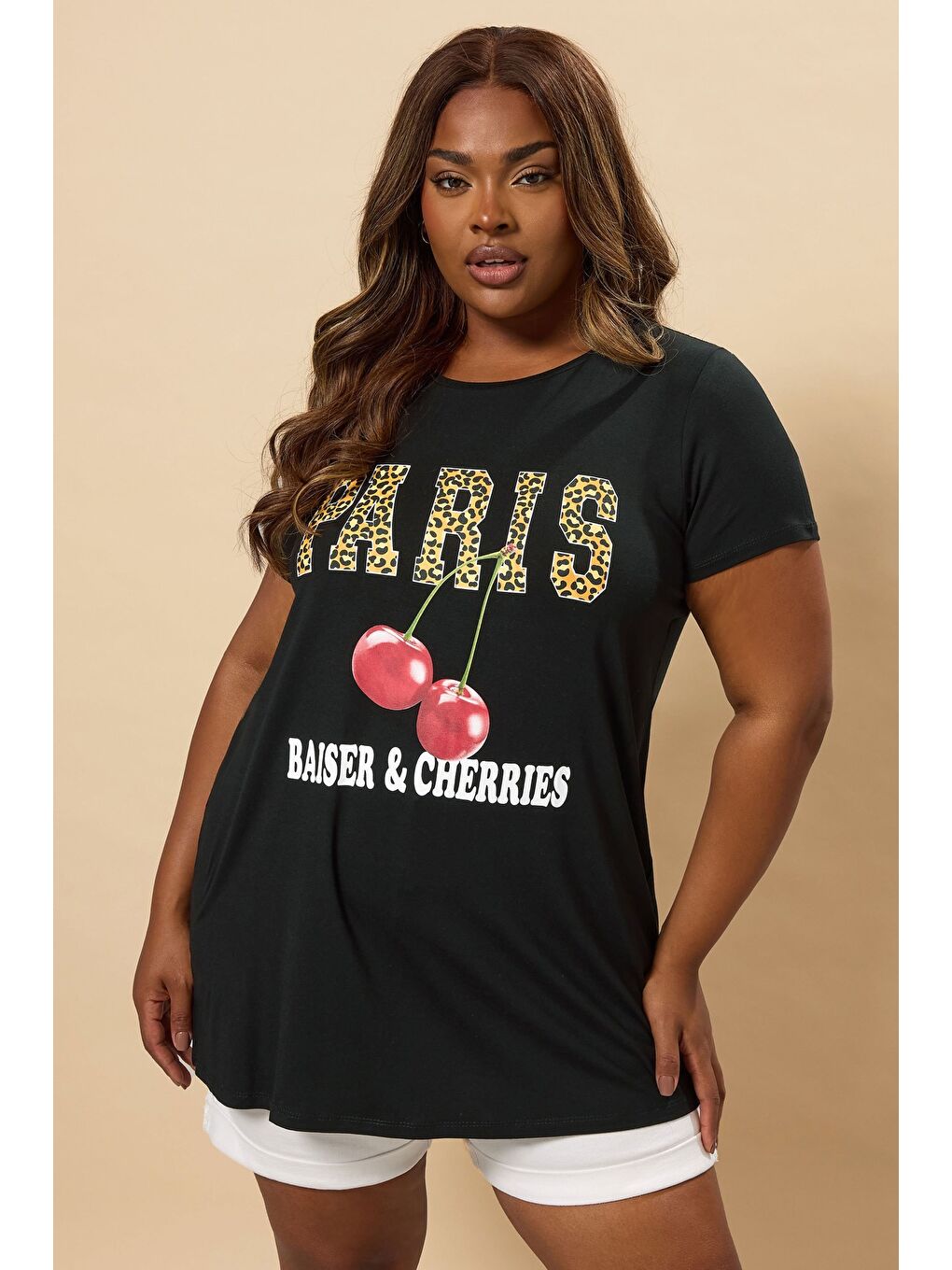 Siyah Büyük Beden Bisiklet Yaka Kısa Kollu Baskılı T-shirt 304176