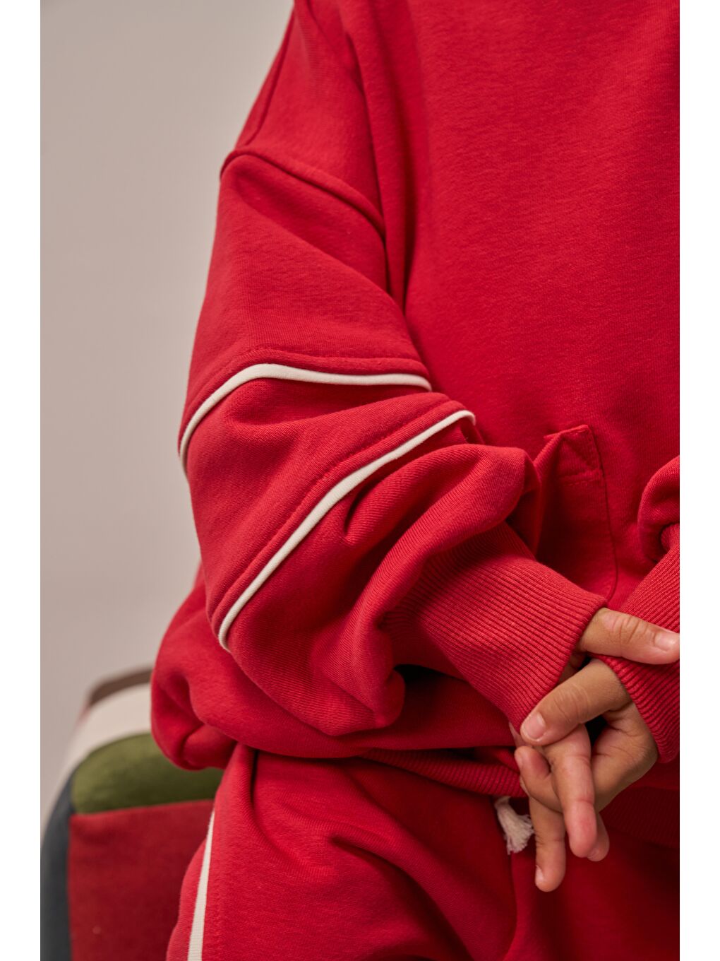 Bordo Kırmızı Asimetrik Cep Detaylı Oversize Çocuk Alt Üst Takım-4