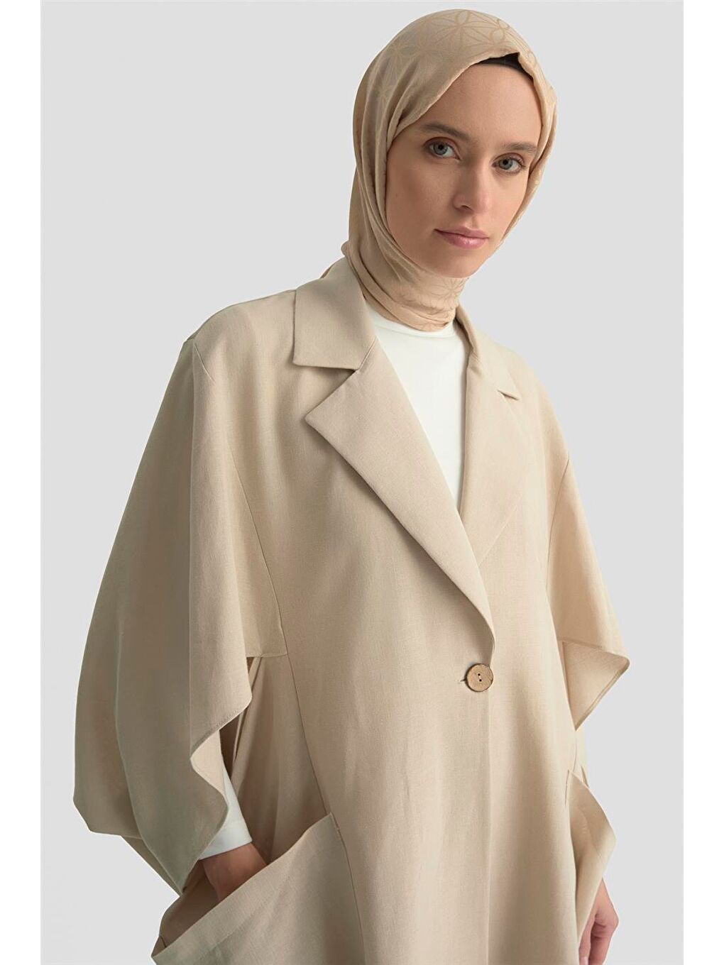 Bej Düğme Detaylı Oversize Giy Çık 25Y5808 Taş-2