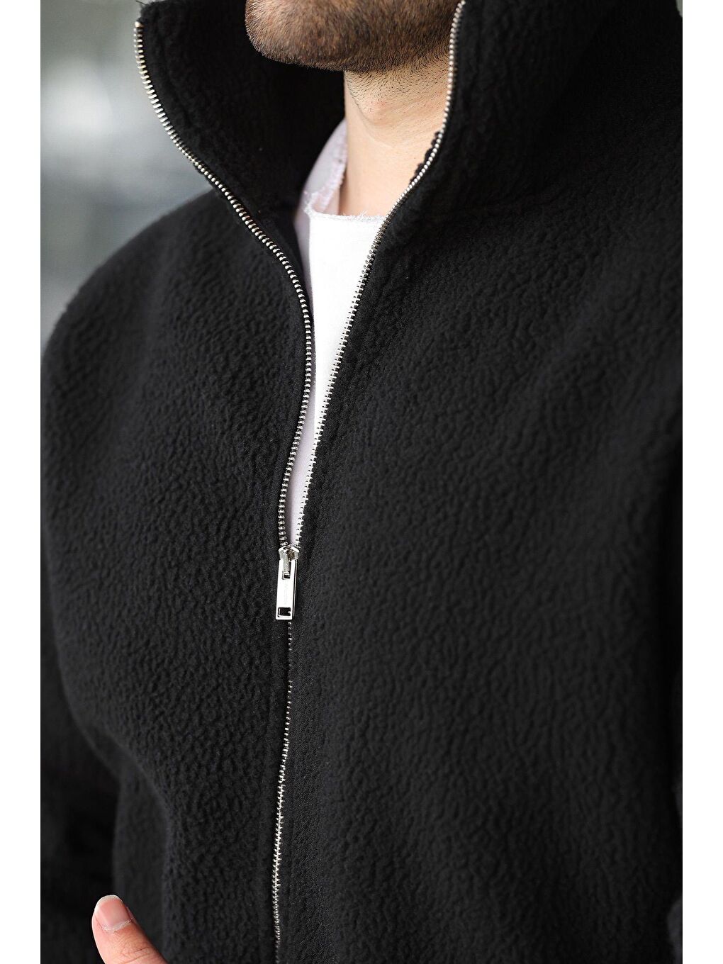 Siyah Fermuarlı Dik Yaka Erkek Polar Hırka E7166-2