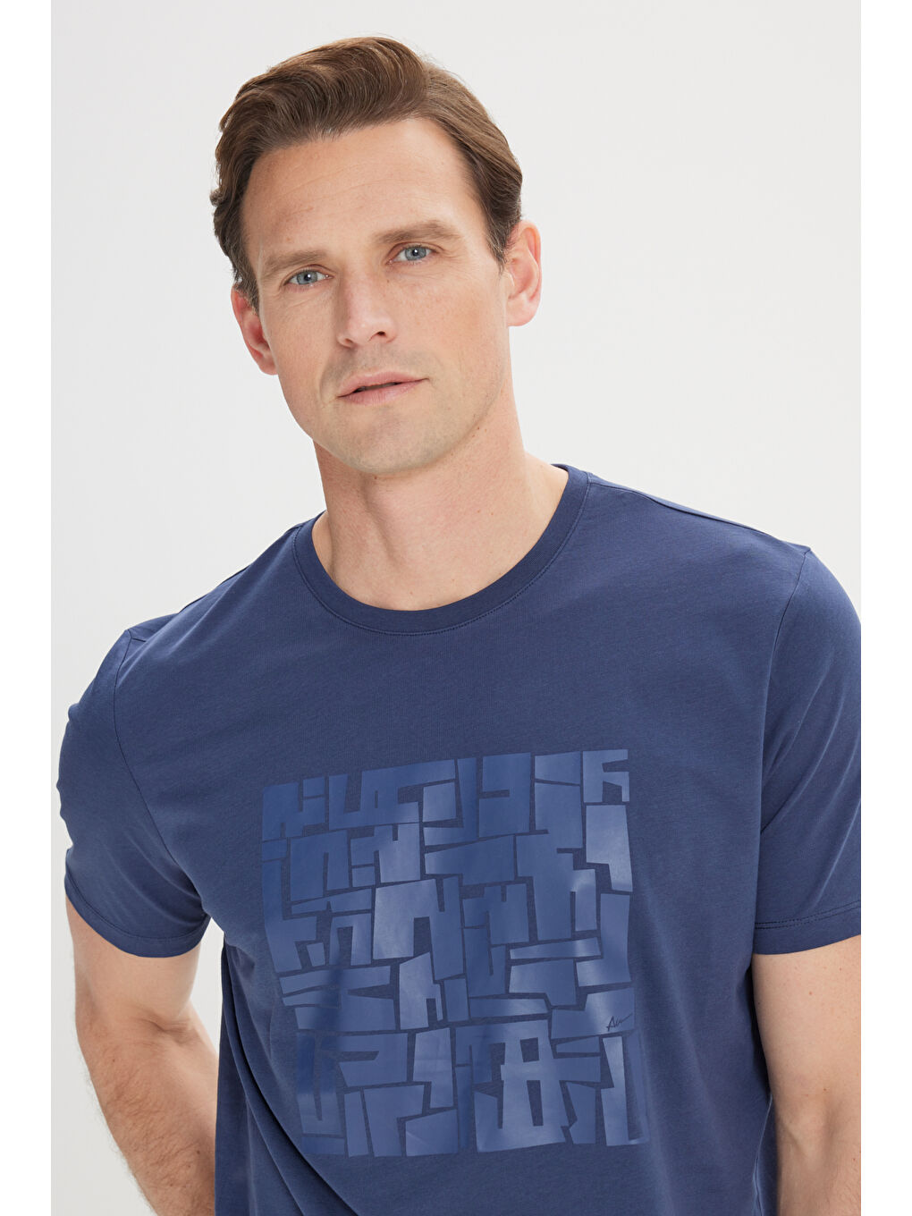 Erkek Lacivert Standart Fit Normal Kesim %100 Pamuk Baskılı Bisiklet Yaka Tişört-2