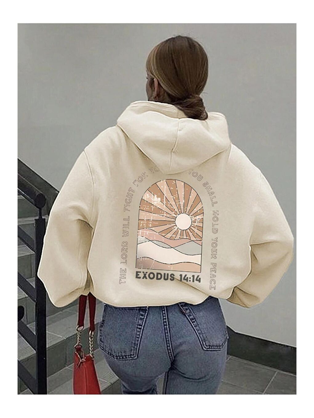 Trendseninle Kadın Bej Exodus Düz Oversize Kapüşonlu Sweatshirt Hoodie