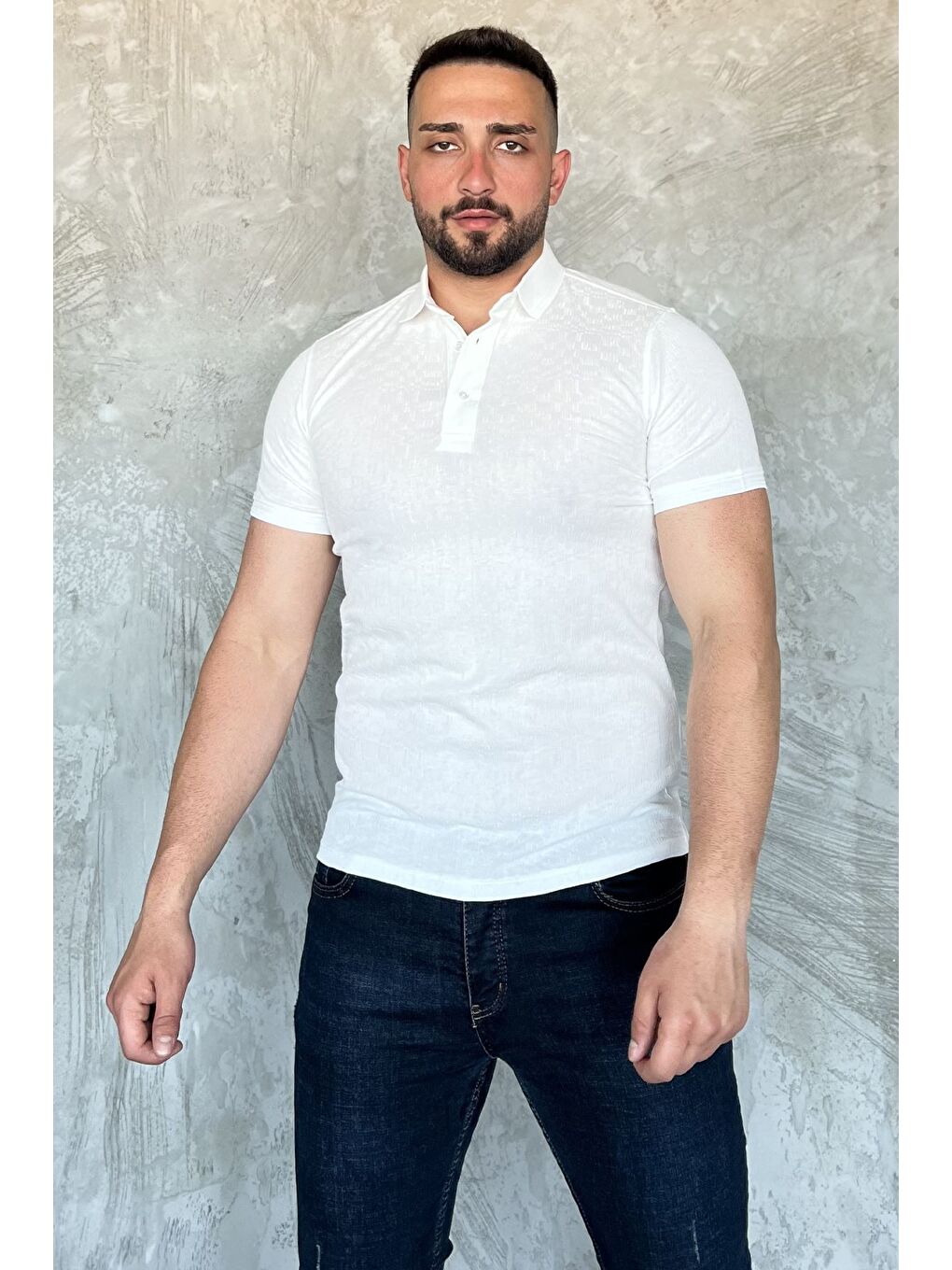 Beyaz Yarım Düğmeli Polo Yaka Erkek Tişört