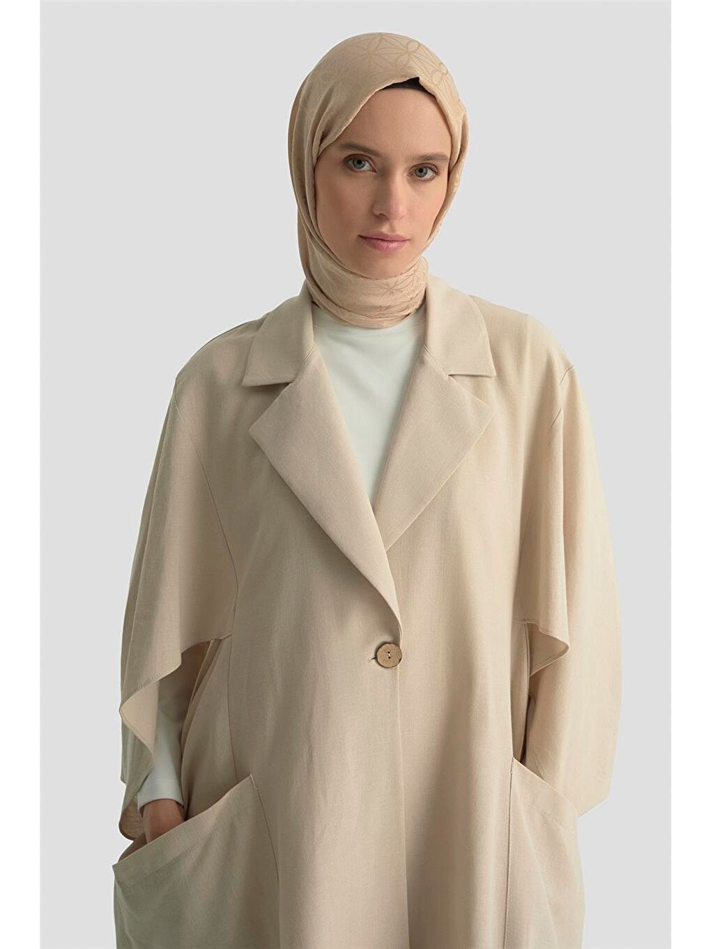 Bej Düğme Detaylı Oversize Giy Çık 25Y5808 Taş-3