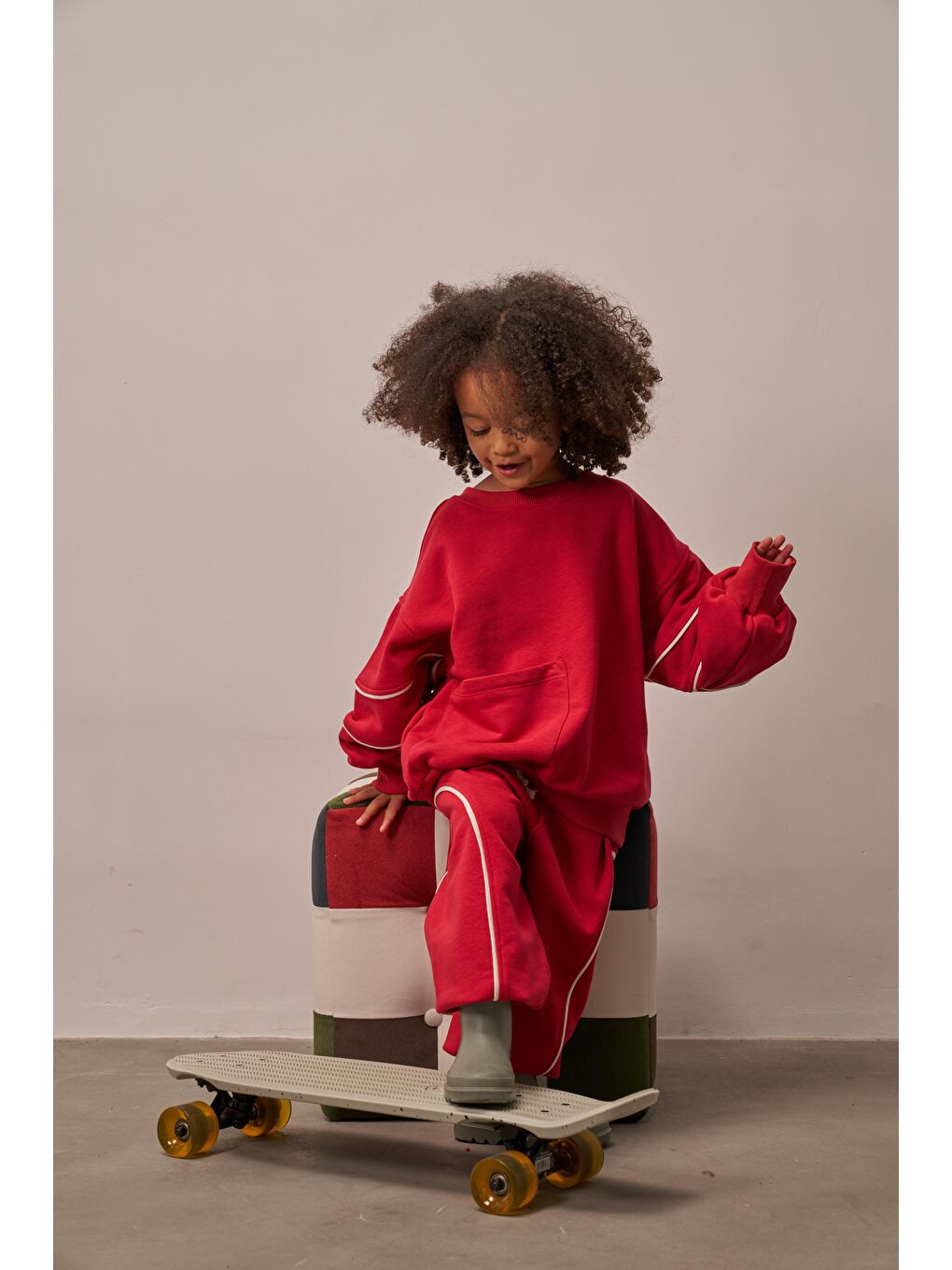 Bordo Kırmızı Asimetrik Cep Detaylı Oversize Çocuk Alt Üst Takım-5