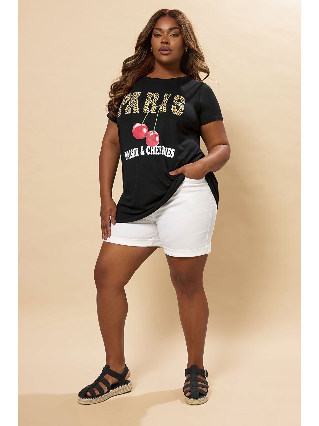 Siyah Büyük Beden Bisiklet Yaka Kısa Kollu Baskılı T-shirt 304176-1