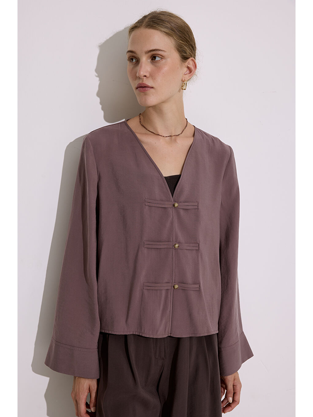 Pembe Modal Geniş Kollu Bluz Gül Kurusu